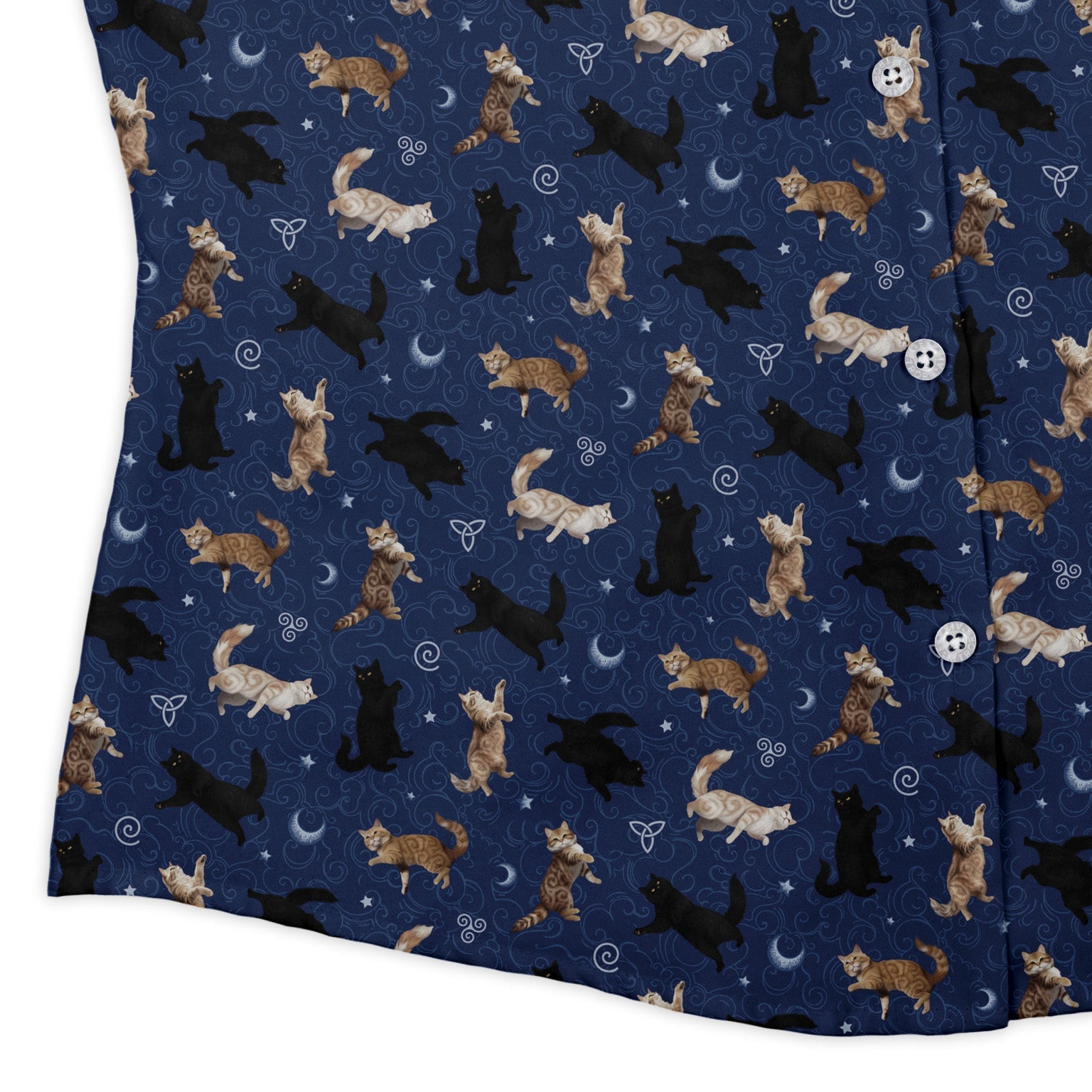 Mystic Cloud Cats Blue Curvy Button Up Shirt womens corner