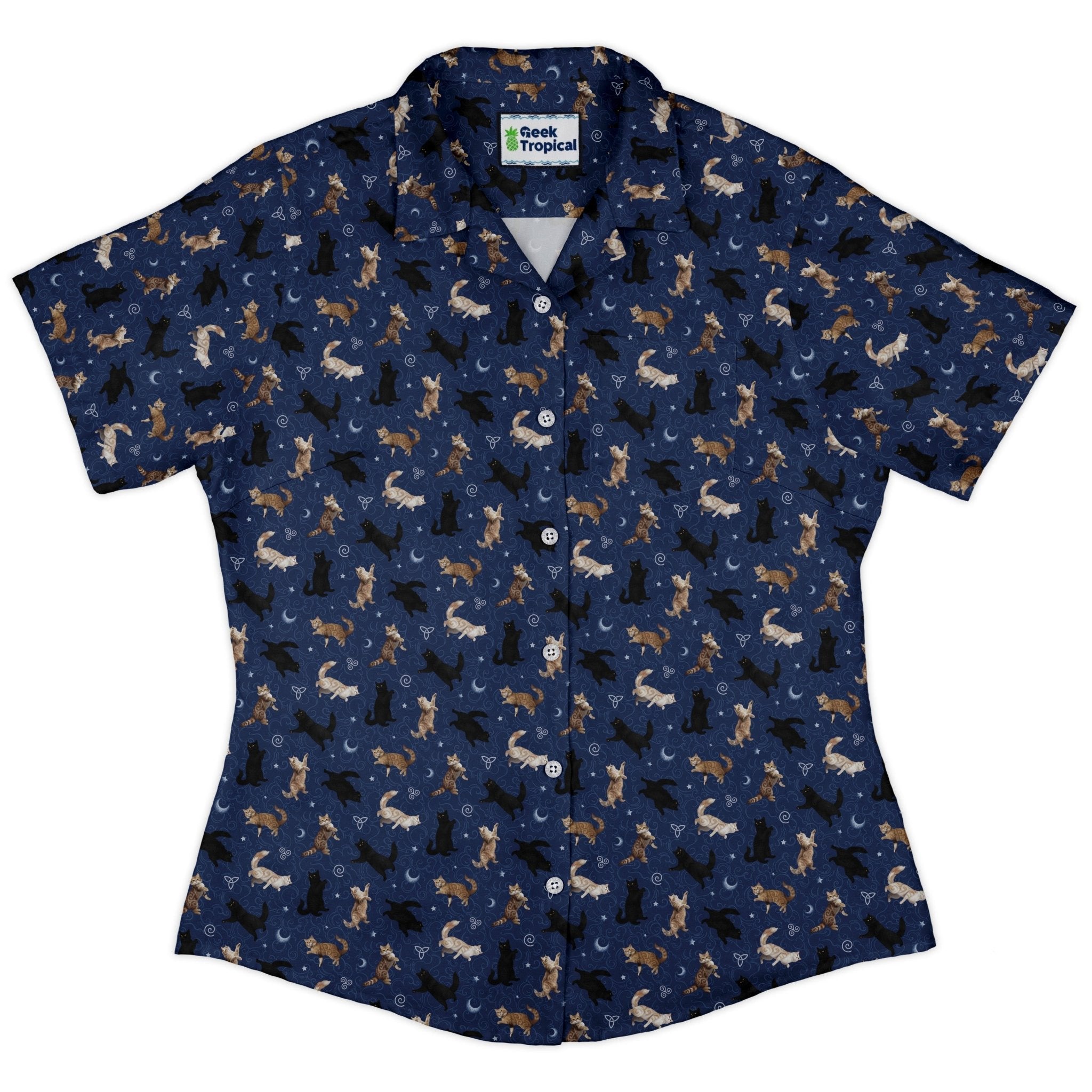 Mystic Cloud Cats Blue Curvy Button Up Shirt 2