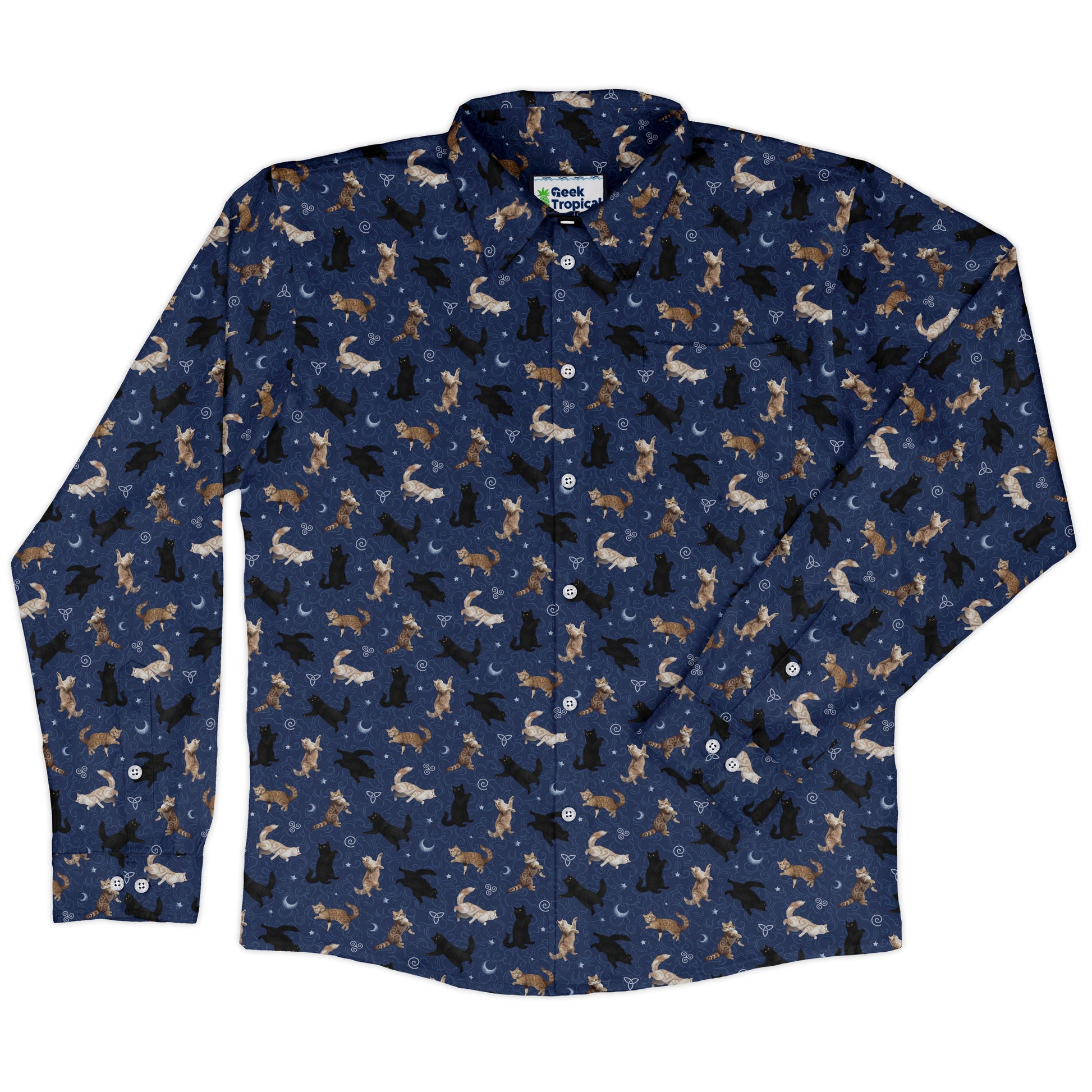 Mystic Cloud Cats Blue Long Sleeve Button Up Shirt front