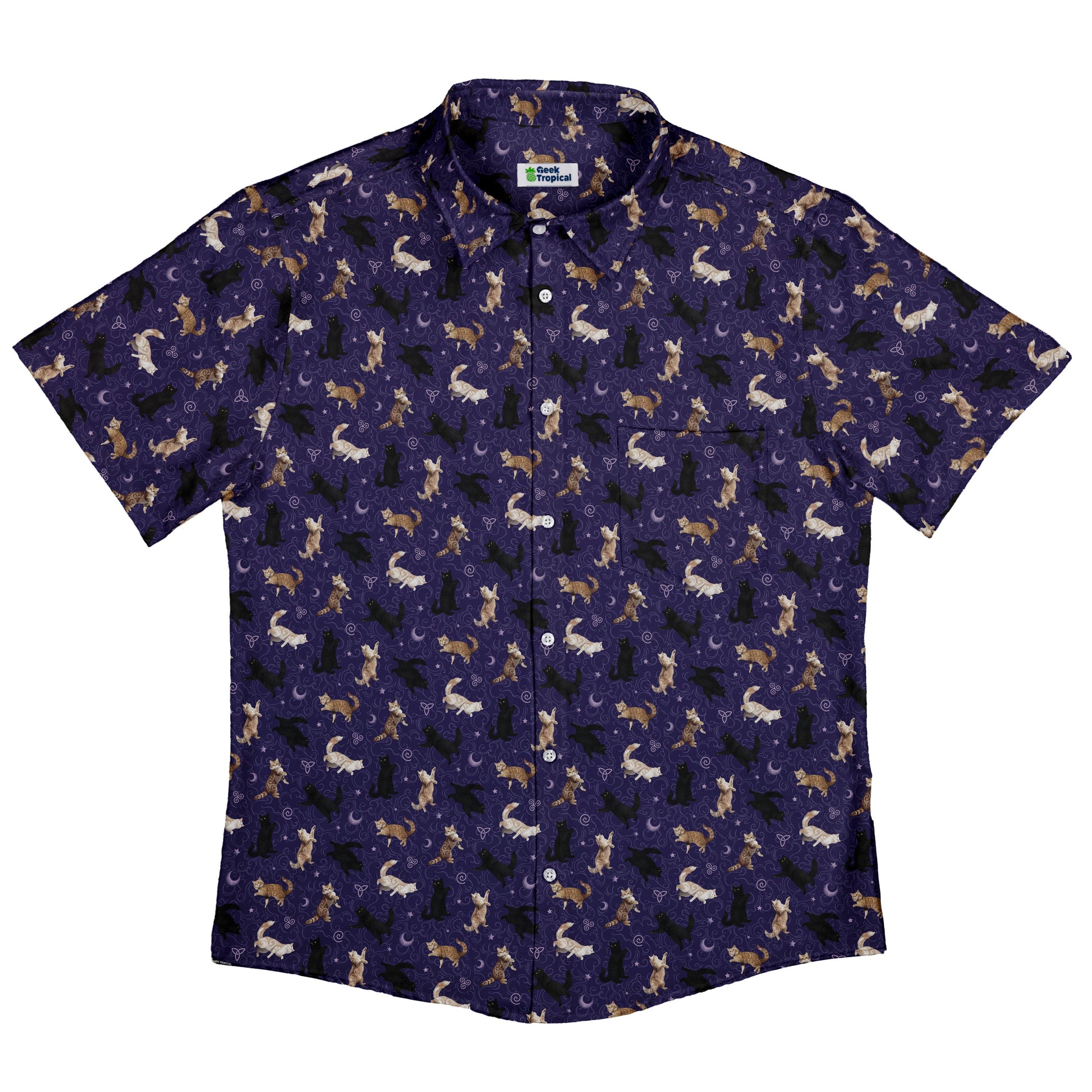 Mystic Cloud Cats Purple Button Up Shirt Flat Front