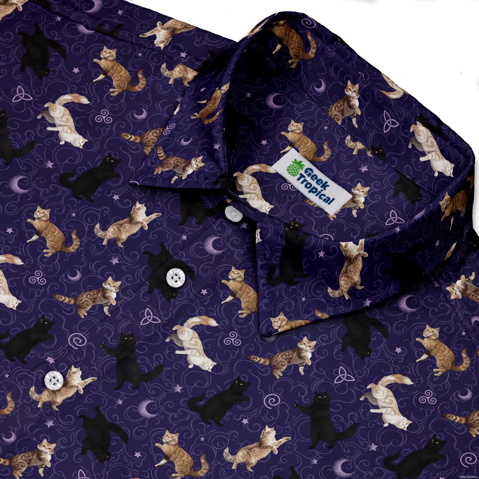 Mystic Cloud Cats Purple Button Up Shirt Neck