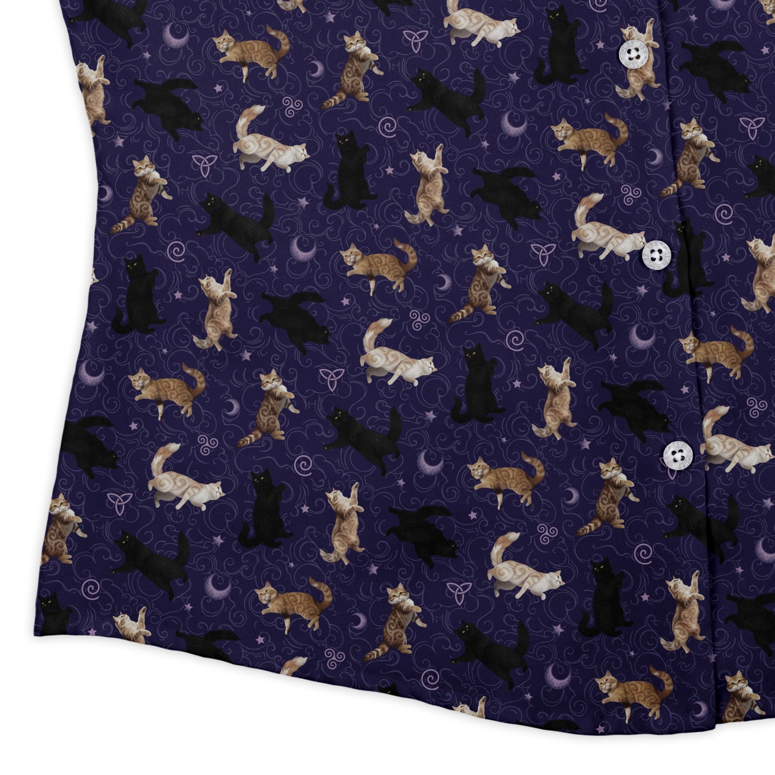 Mystic Cloud Cats Purple Curvy Button Up Shirt womens corner