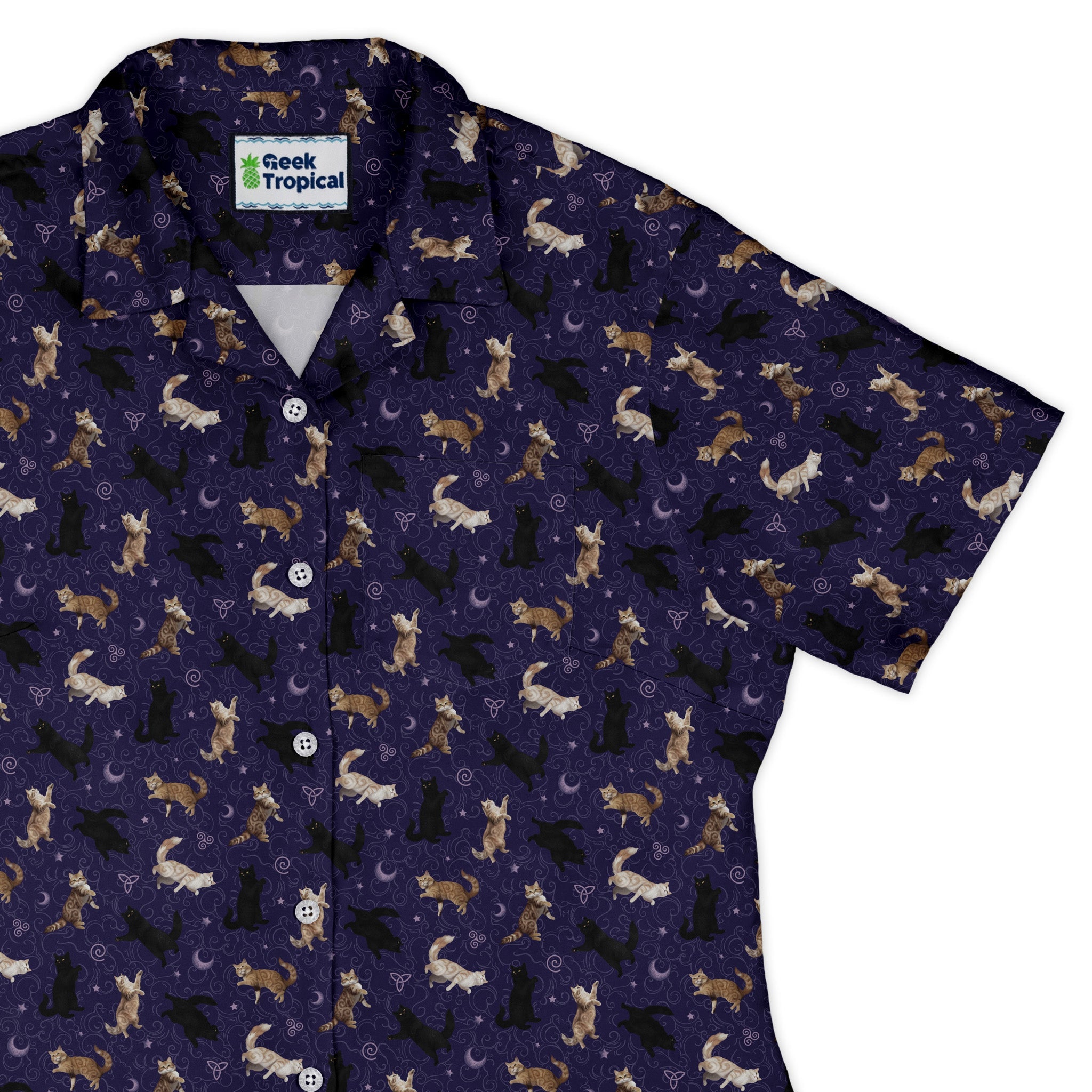 Mystic Cloud Cats Purple Curvy Button Up Shirt womens top right