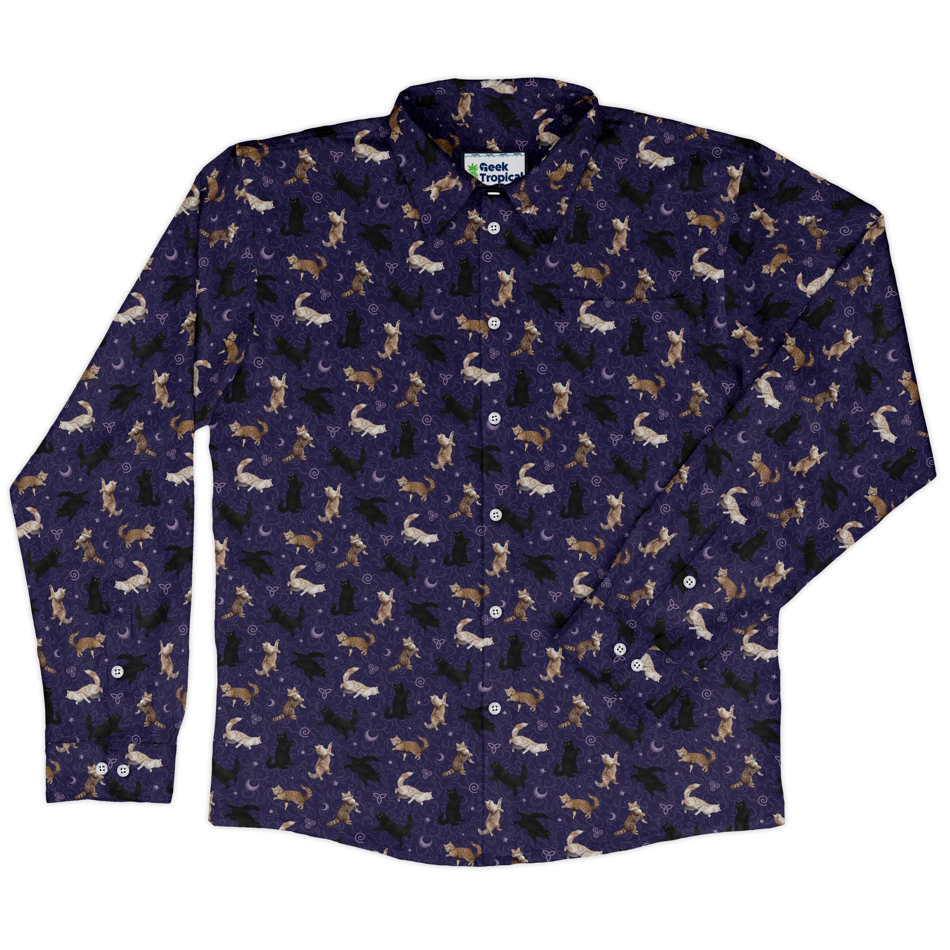 Mystic Cloud Cats Purple Long Sleeve Button Up Shirt front