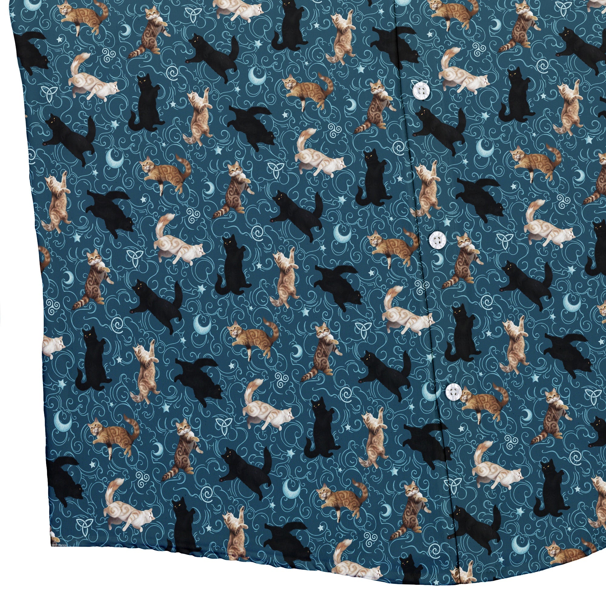 Mystic Cloud Cats Teal Button Up Shirt Bottom Corner