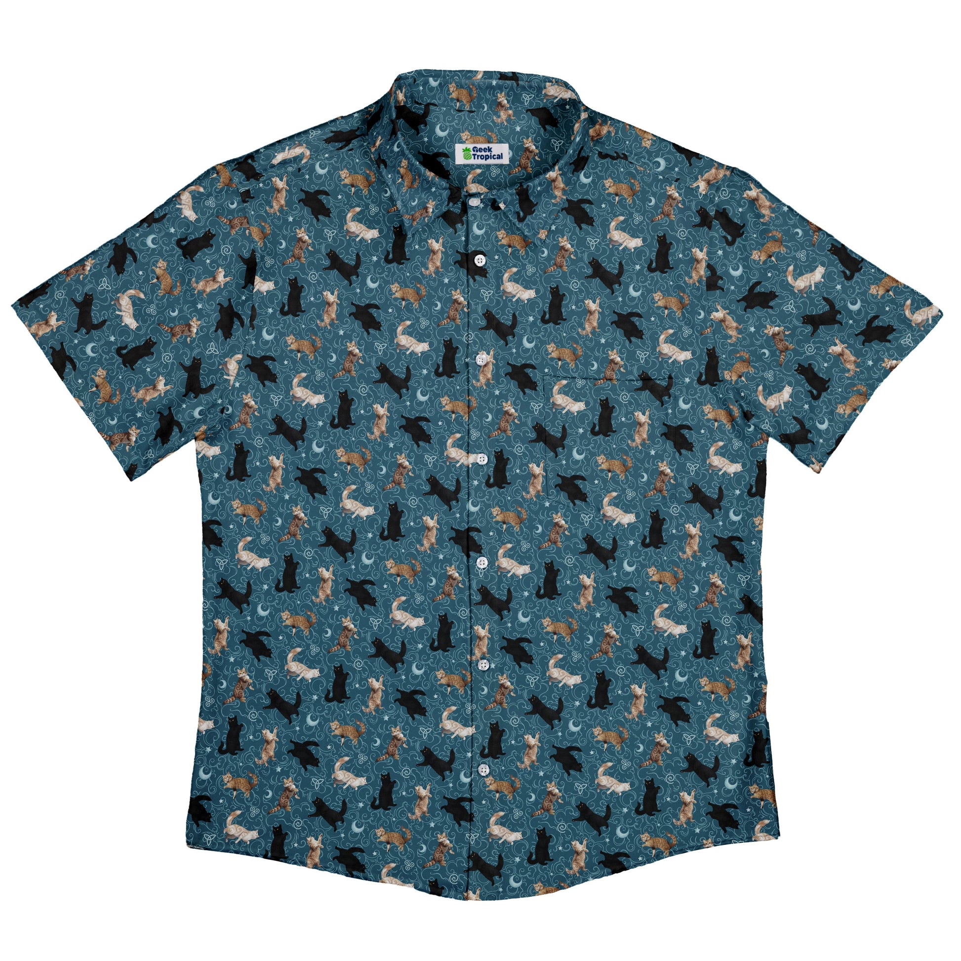 Mystic Cloud Cats Teal Button Up Shirt Flat Front