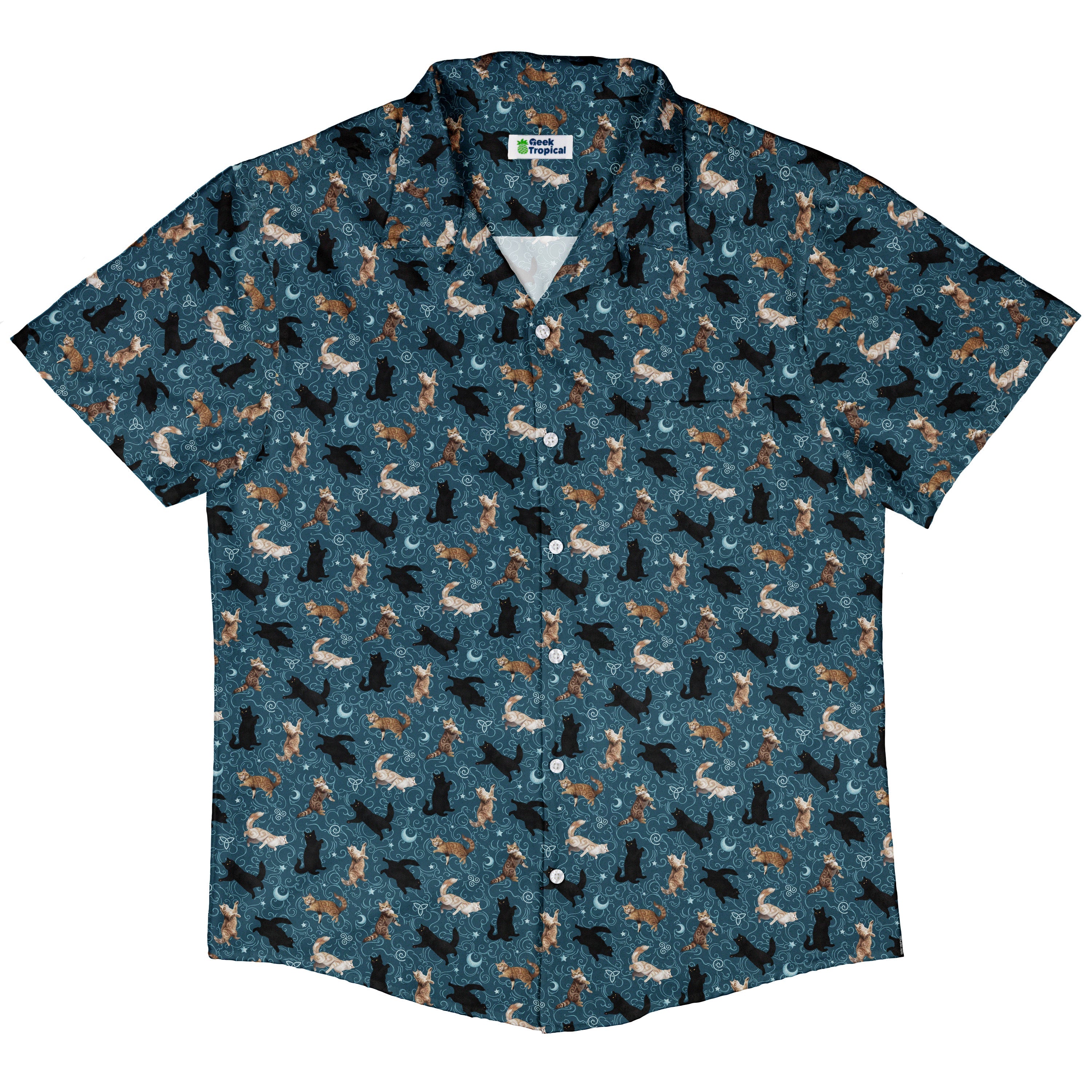 Mystic Cloud Cats Teal Button Up Shirt Hawaiian Front