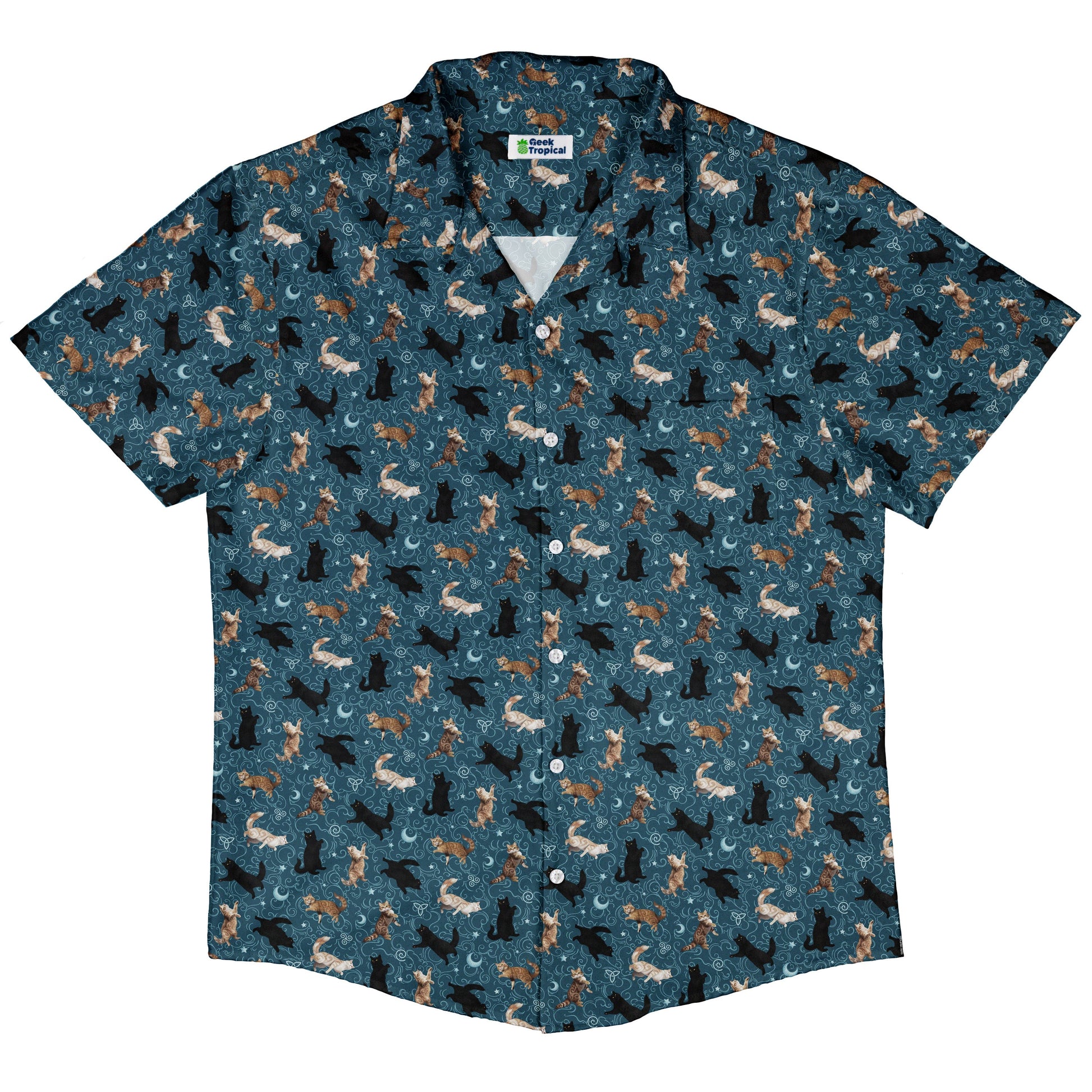 Mystic Cloud Cats Teal Button Up Shirt Hawaiian Front