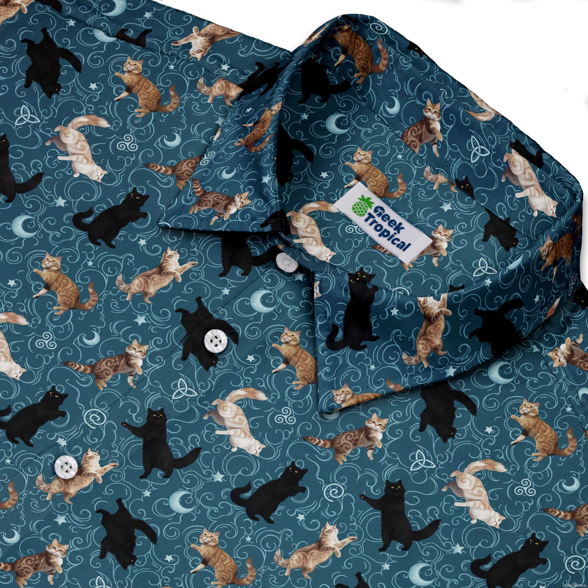 Mystic Cloud Cats Teal Button Up Shirt Neck
