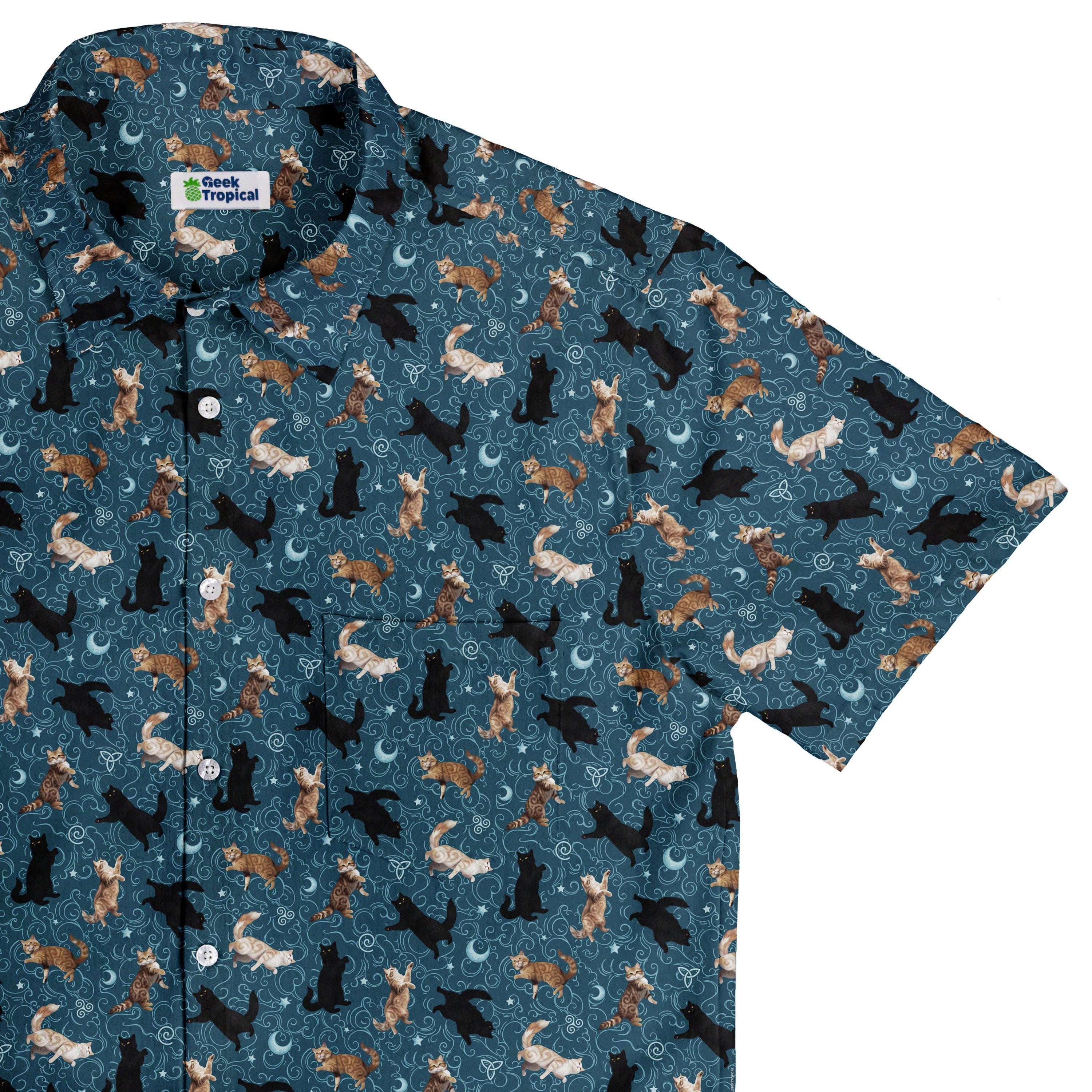 Mystic Cloud Cats Teal Button Up Shirt Top Corner
