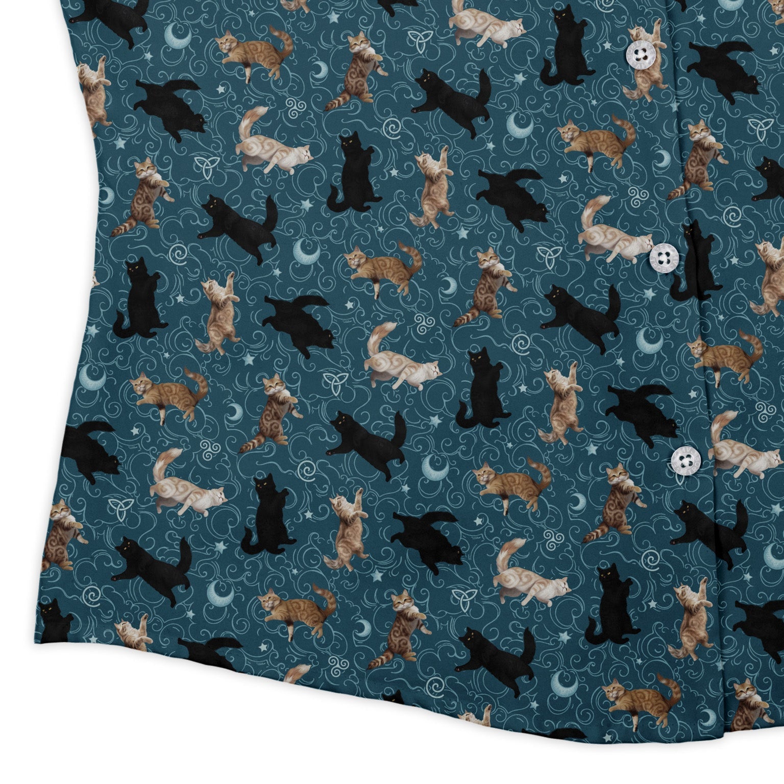 Mystic Cloud Cats Teal Curvy Button Up Shirt womens corner