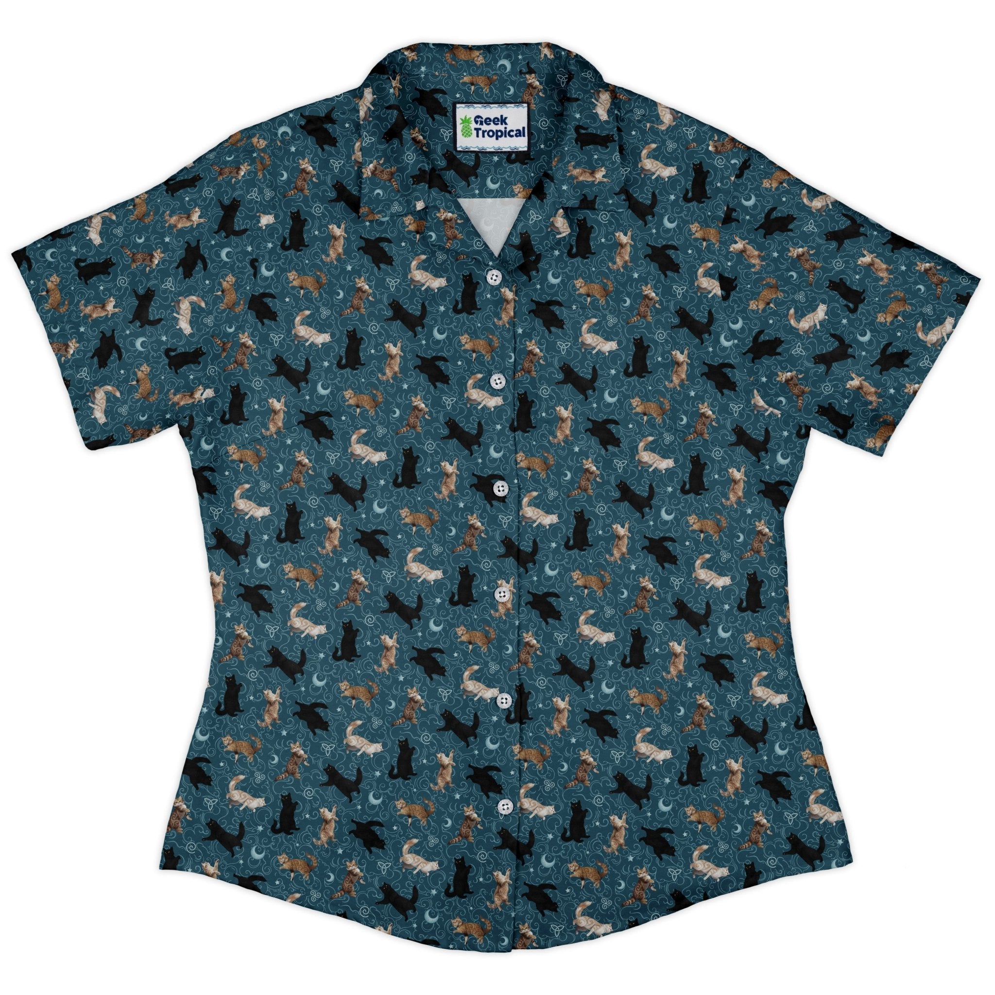 Mystic Cloud Cats Teal Curvy Button Up Shirt 2