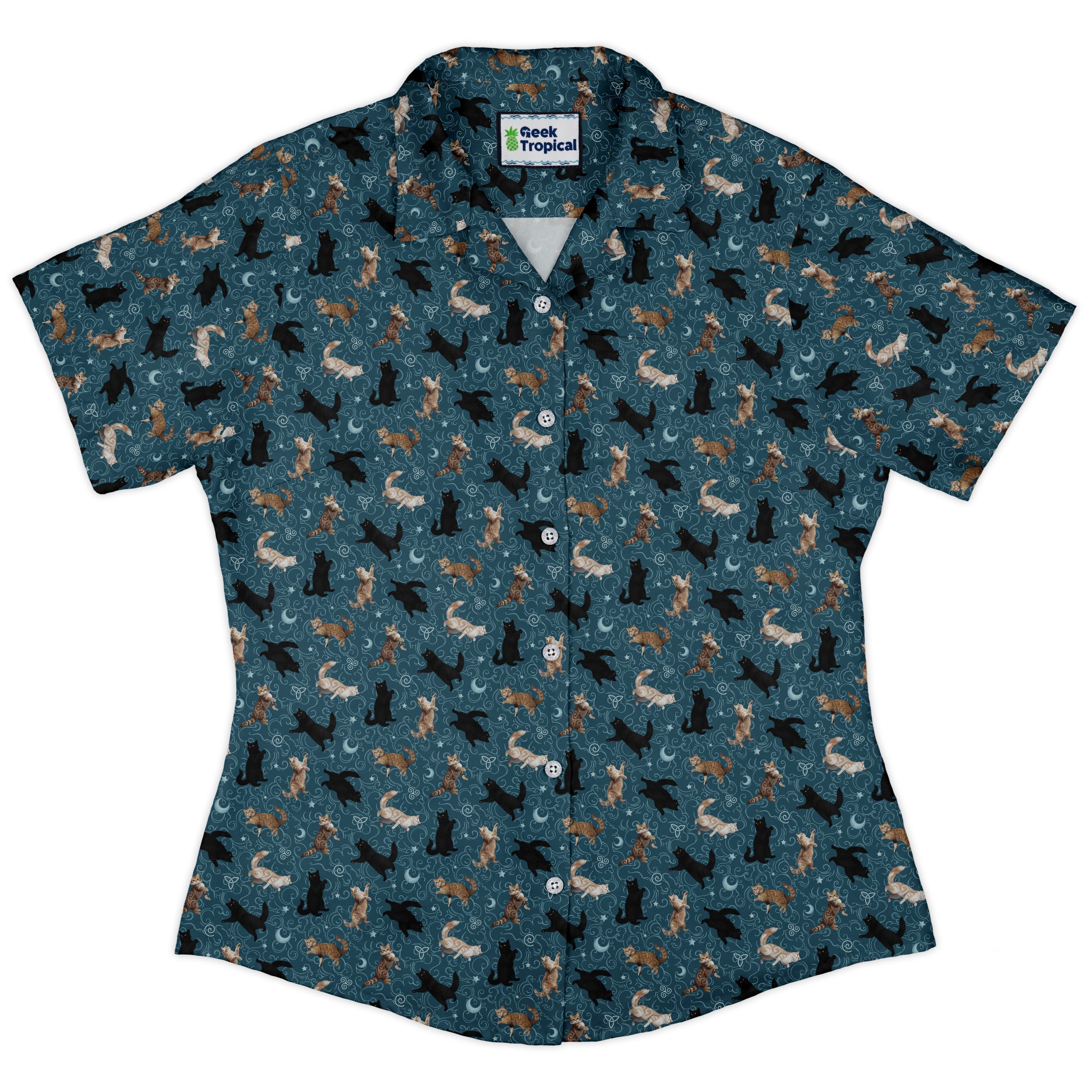 Mystic Cloud Cats Teal Curvy Button Up Shirt womens front