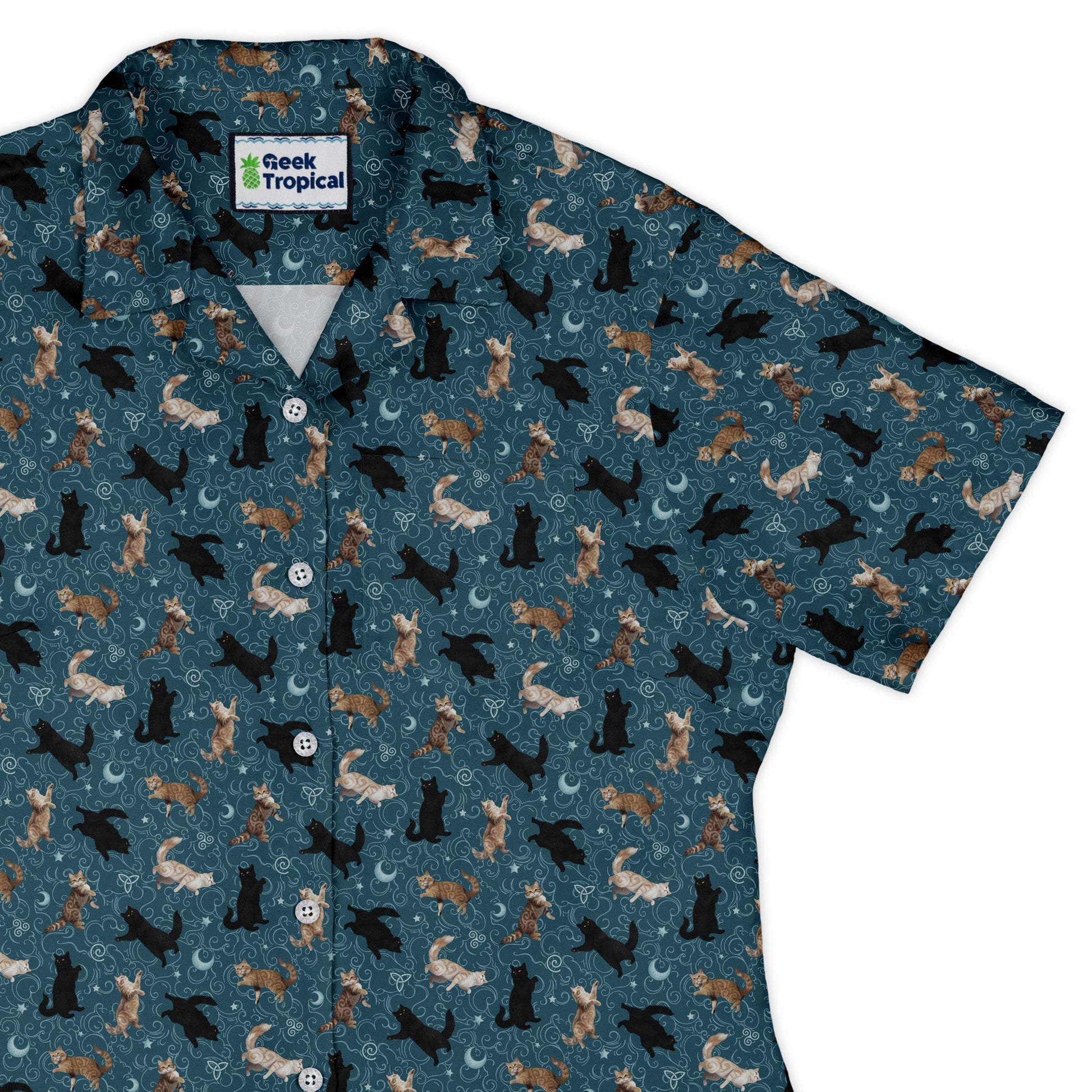 Mystic Cloud Cats Teal Curvy Button Up Shirt womens top right