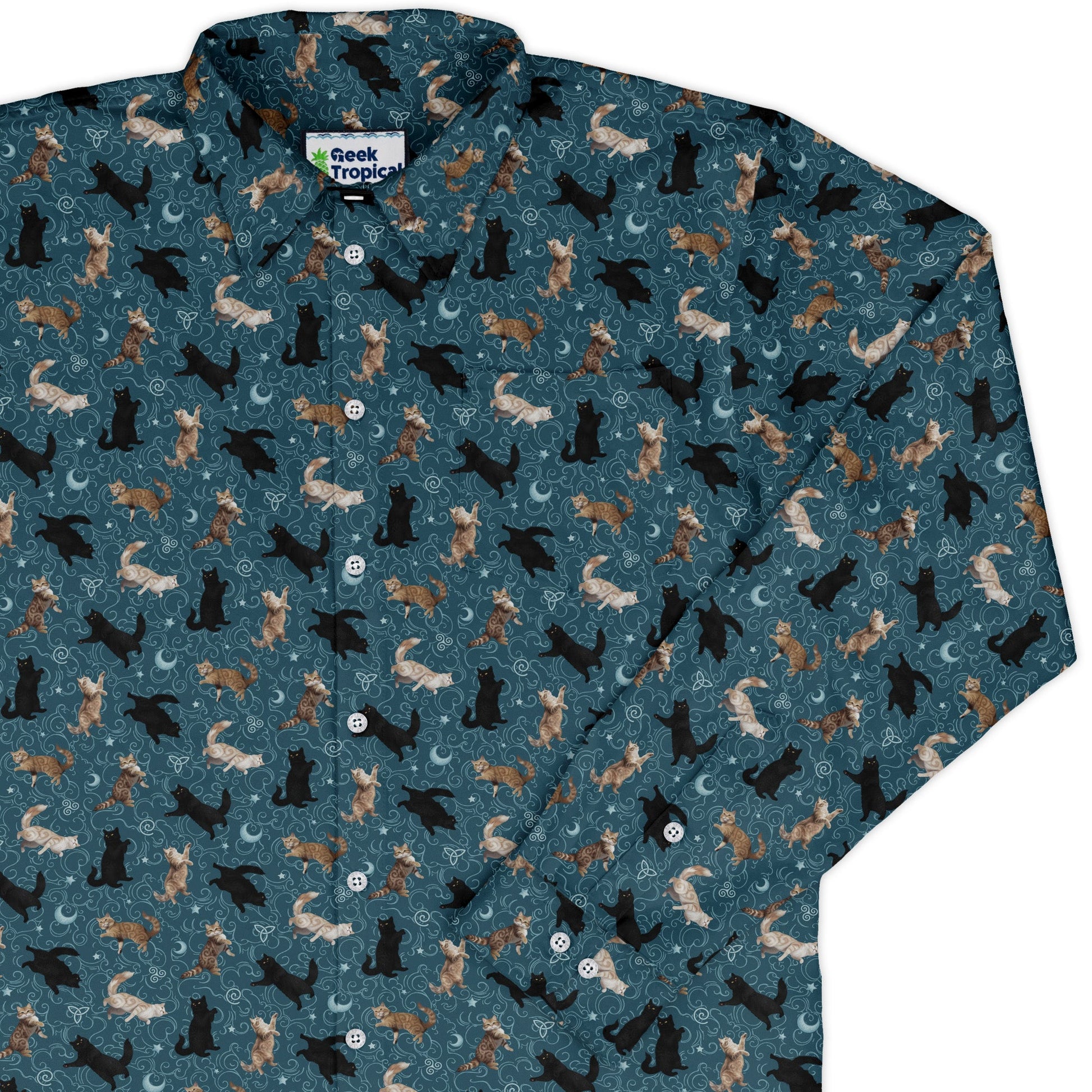Mystic Cloud Cats Teal Long Sleeve Button Up Shirt cover