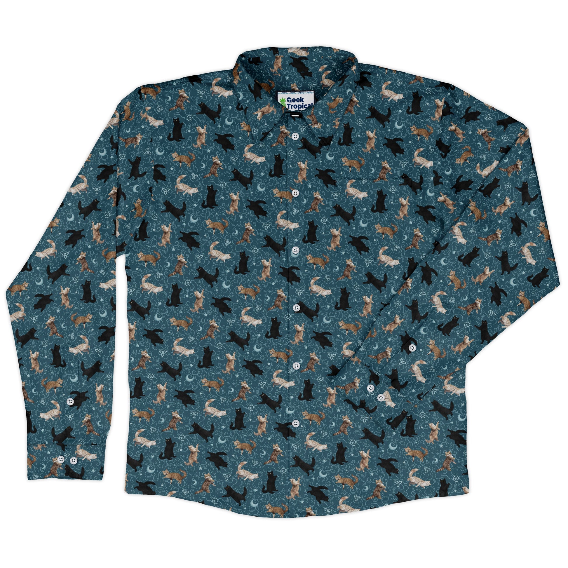Mystic Cloud Cats Teal Long Sleeve Button Up Shirt front