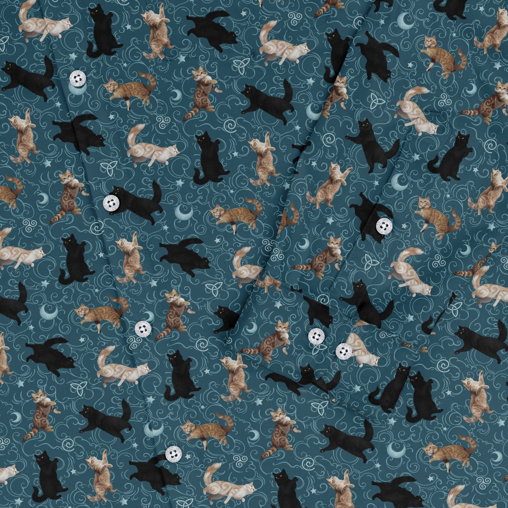 Mystic Cloud Cats Teal Long Sleeve Button Up Shirt sleeve close
