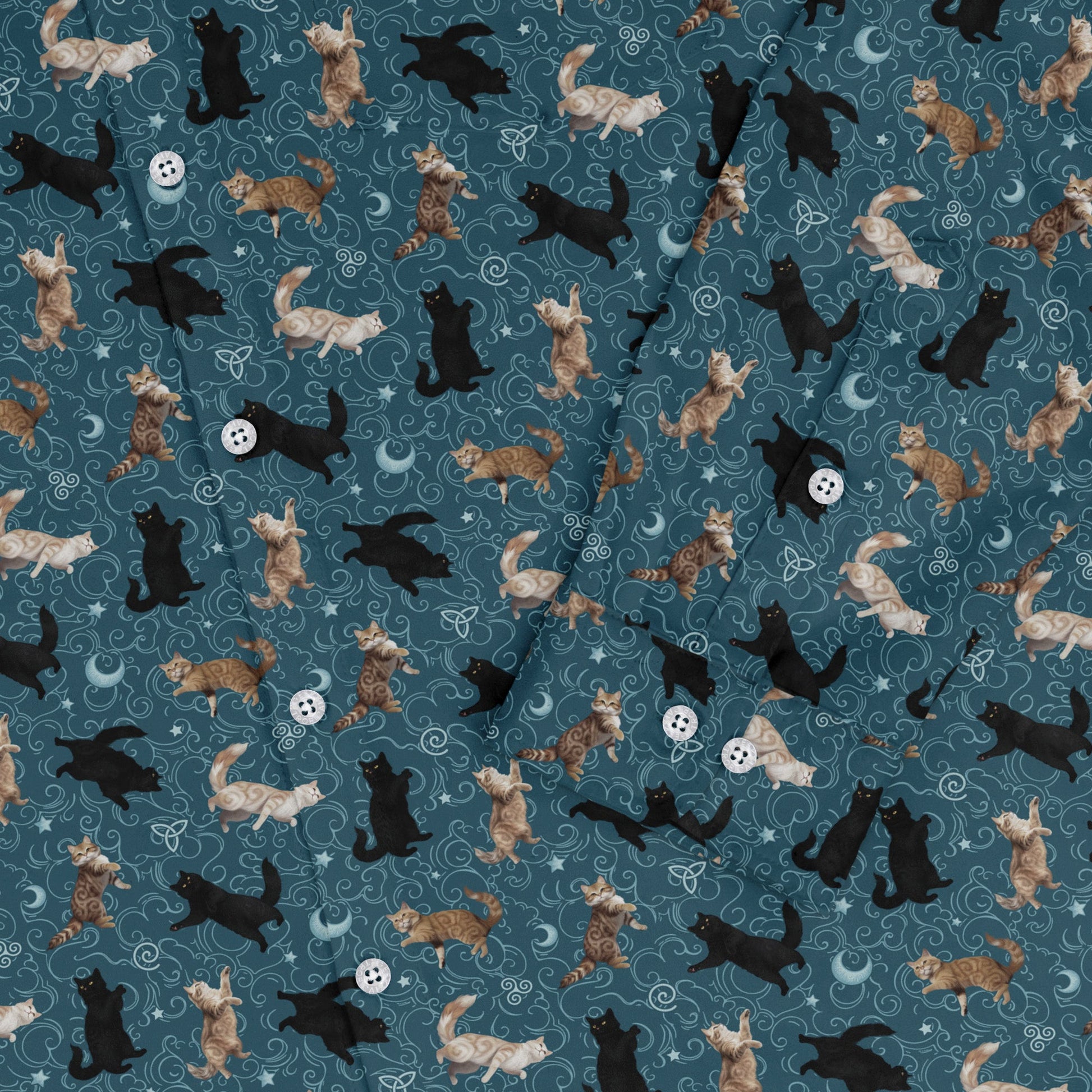 Mystic Cloud Cats Teal Long Sleeve Button Up Shirt sleeve close