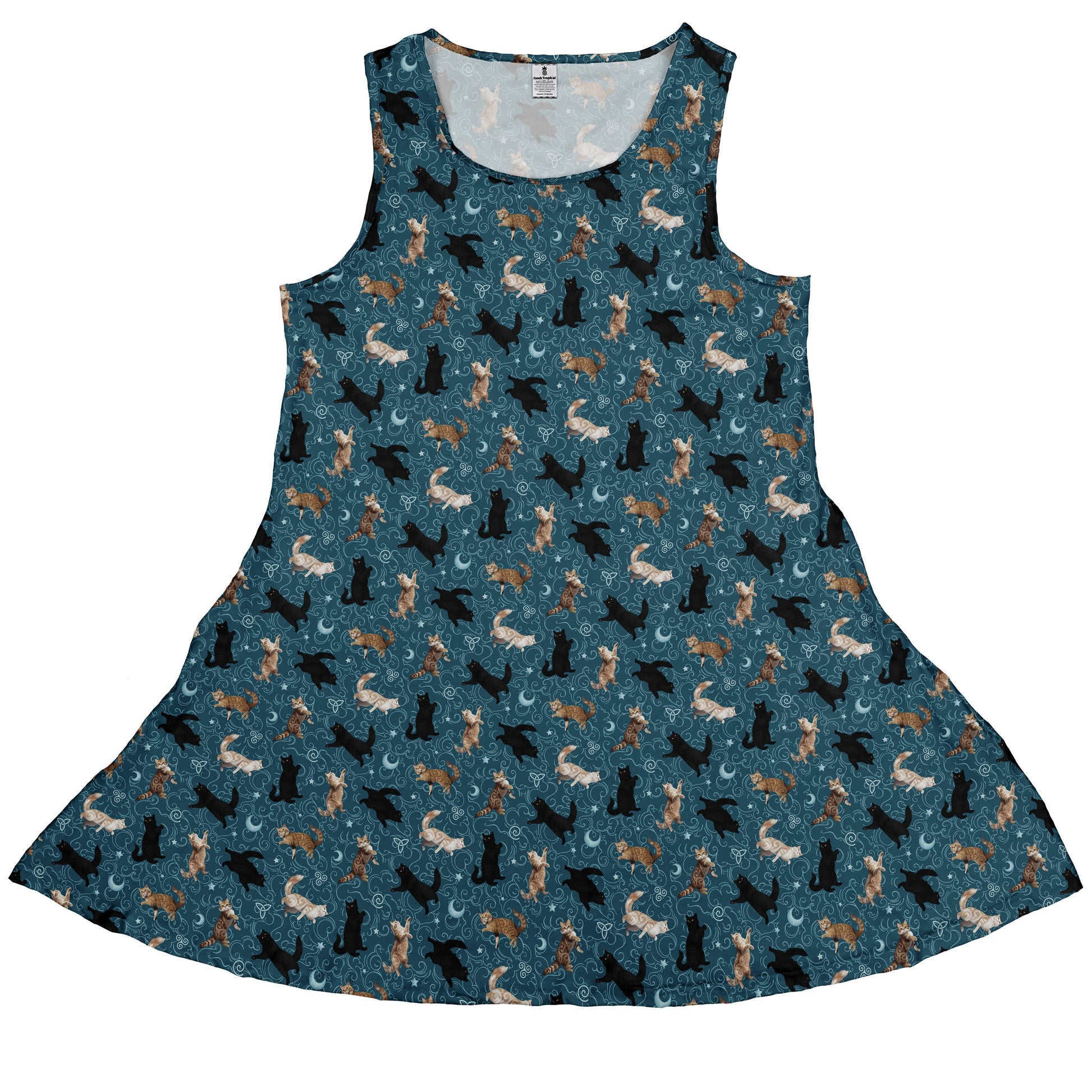 Mystic Cloud Cats Teal Sleeveless Dress front