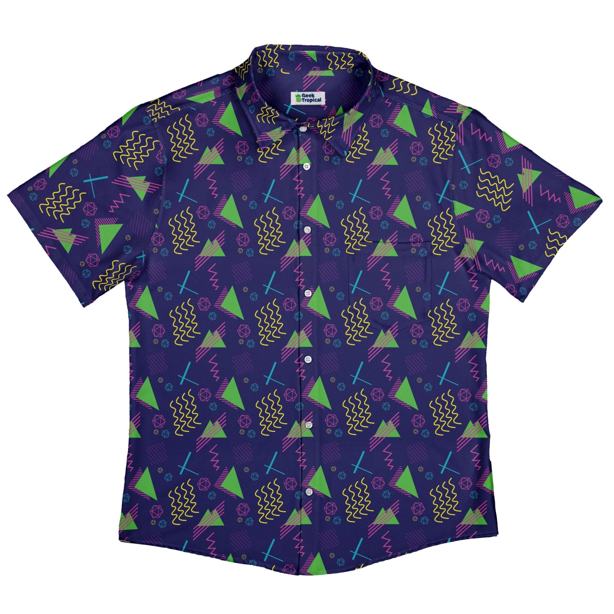 Neon Retro Dice Button Up Shirt Geek Nerd adult sizing Design by Heather Davenport dnd & rpg print