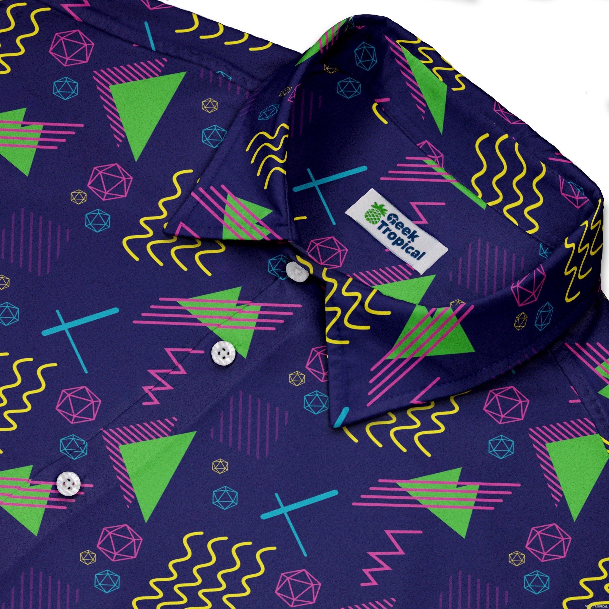 Neon Retro Dice Button Up Shirt Geek Nerd adult sizing Design by Heather Davenport dnd & rpg print
