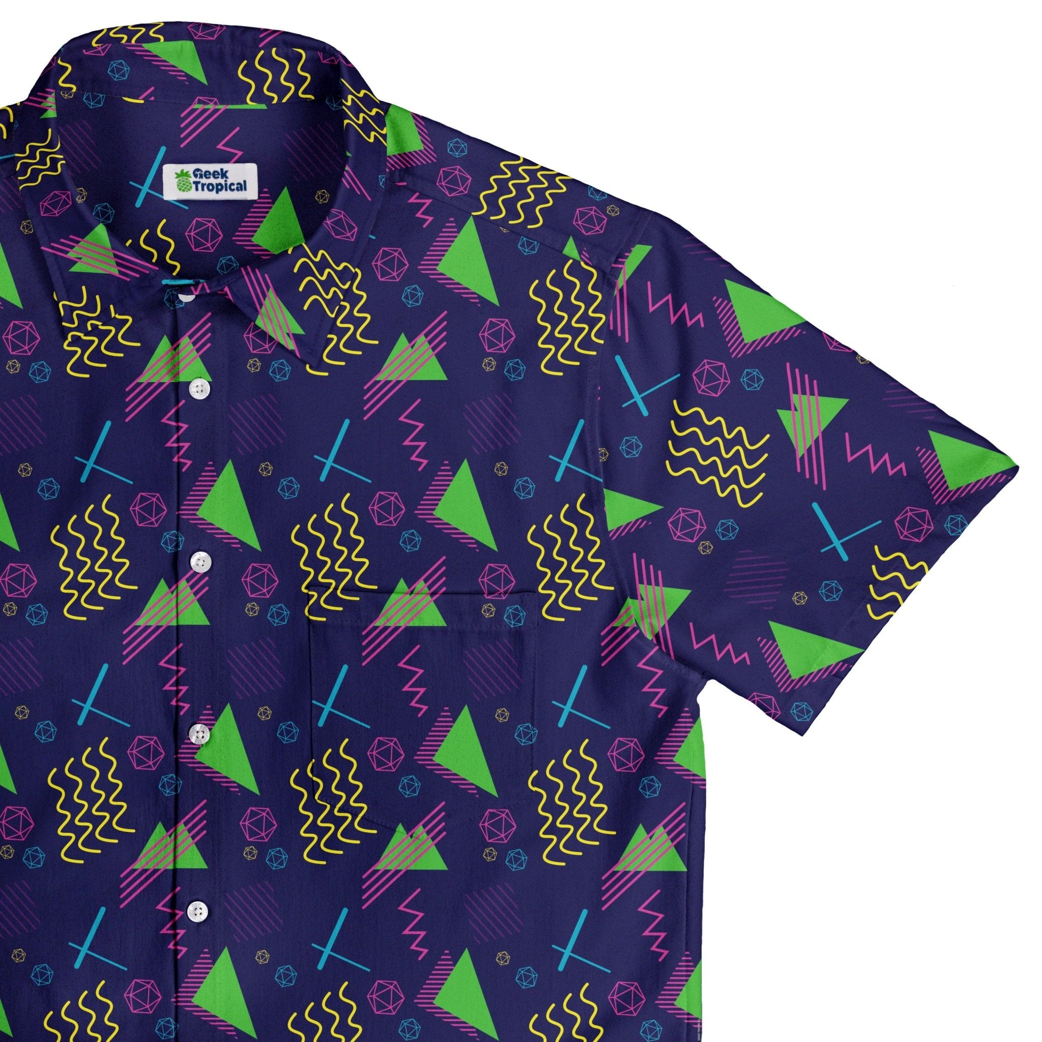 Neon Retro Dice Button Up Shirt Geek Nerd adult sizing Design by Heather Davenport dnd & rpg print