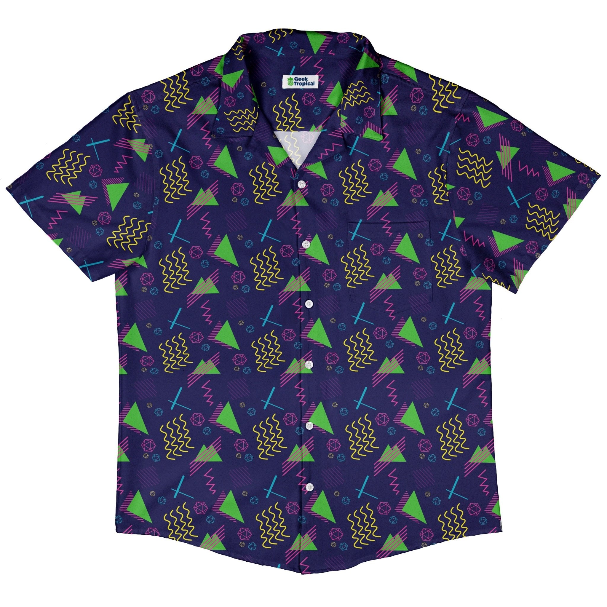 Neon Retro Dice Button Up Shirt Geek Nerd adult sizing Design by Heather Davenport dnd & rpg print