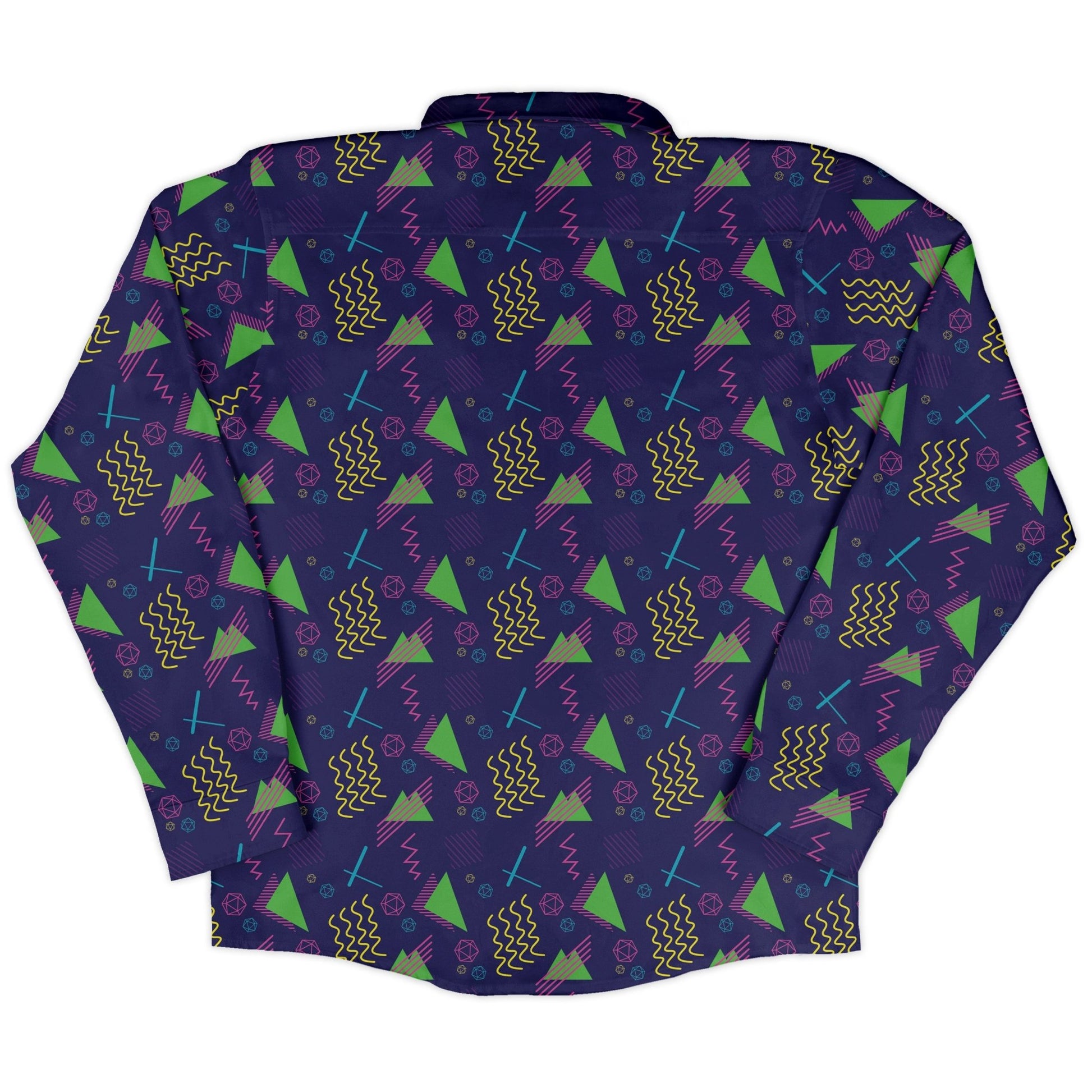 Neon Retro Dice Long Sleeve Button Up Shirt Geek Nerd adult sizing Design by Heather Davenport dnd & rpg print