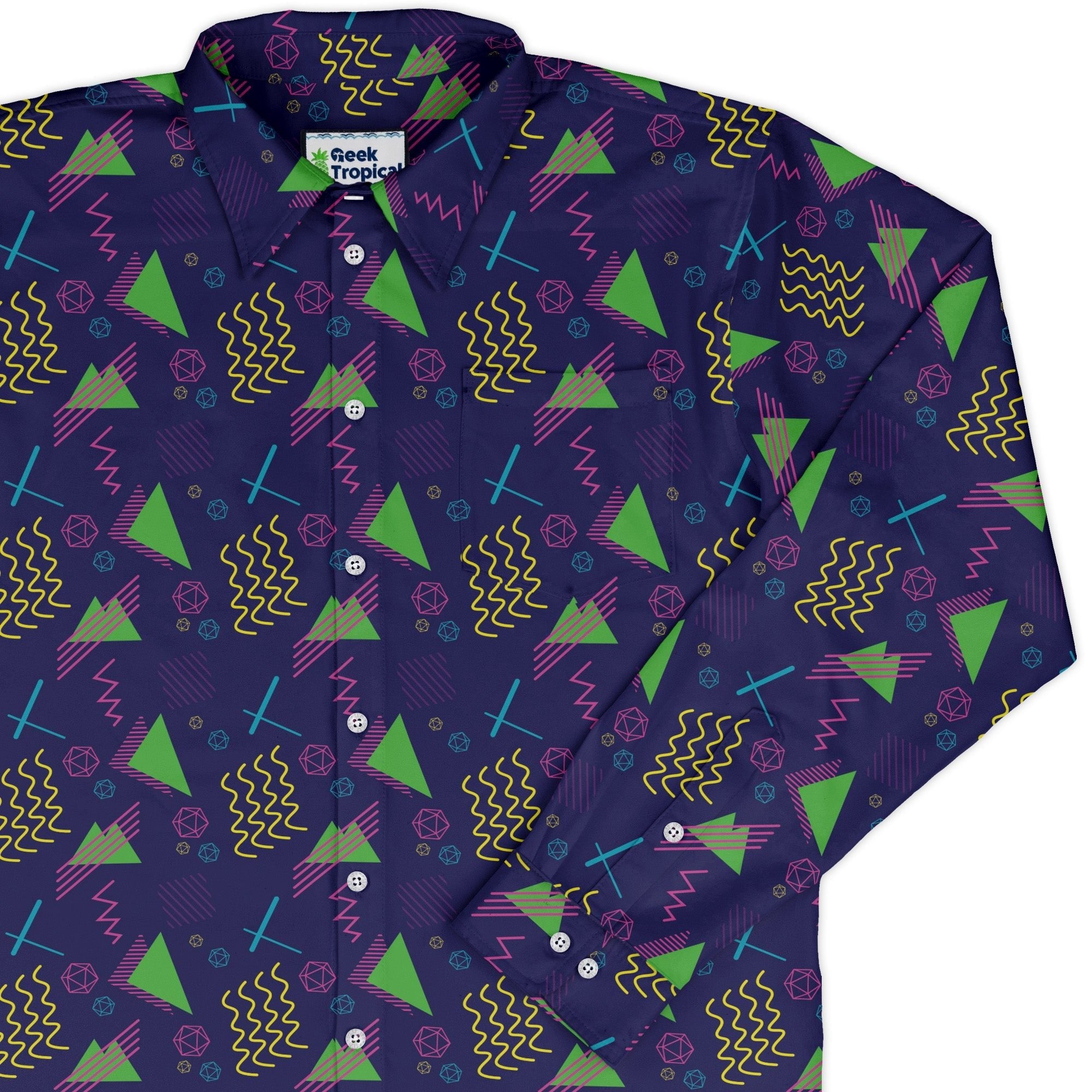 Neon Retro Dice Long Sleeve Button Up Shirt Geek Nerd adult sizing Design by Heather Davenport dnd & rpg print