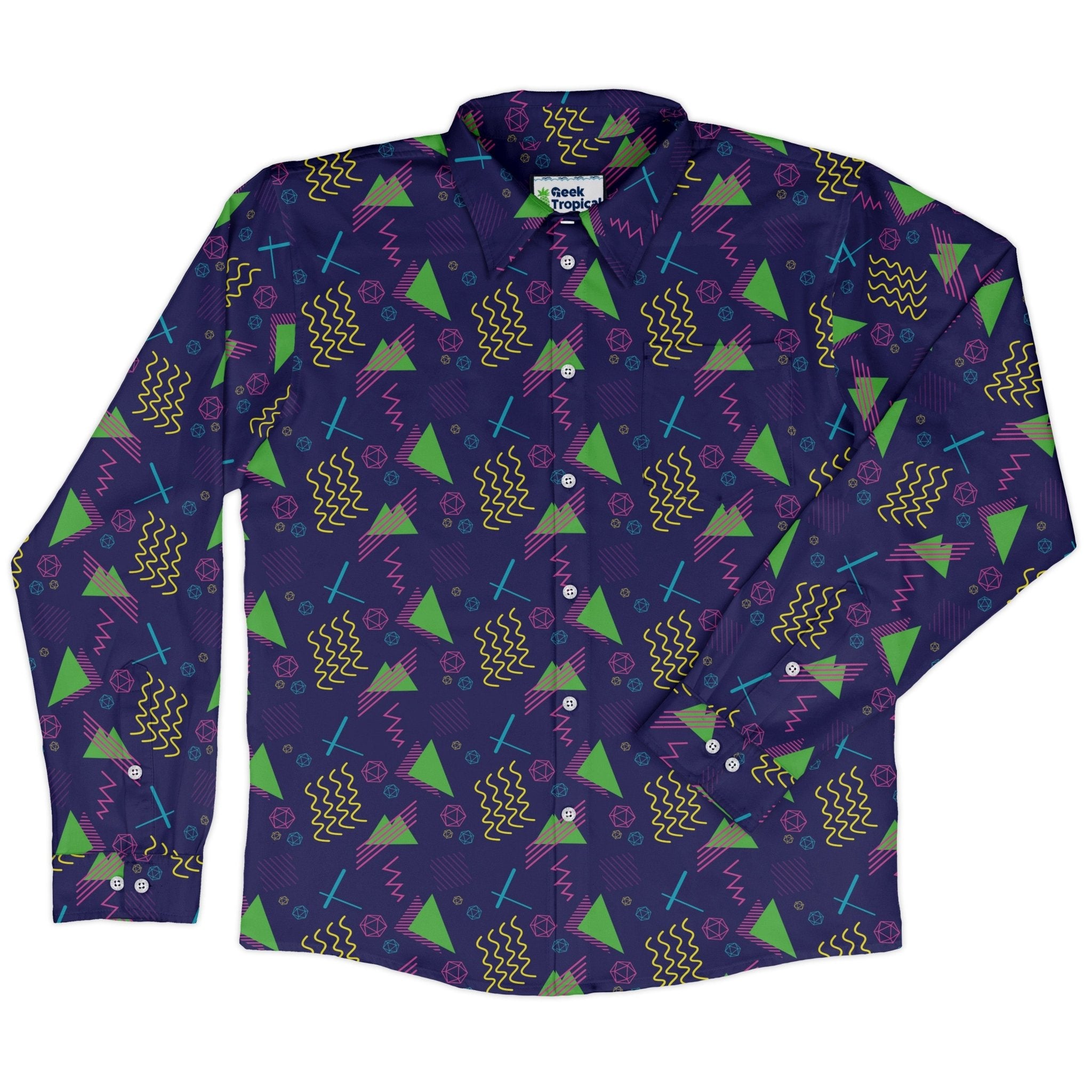 Neon Retro Dice Long Sleeve Button Up Shirt Geek Nerd adult sizing Design by Heather Davenport dnd & rpg print