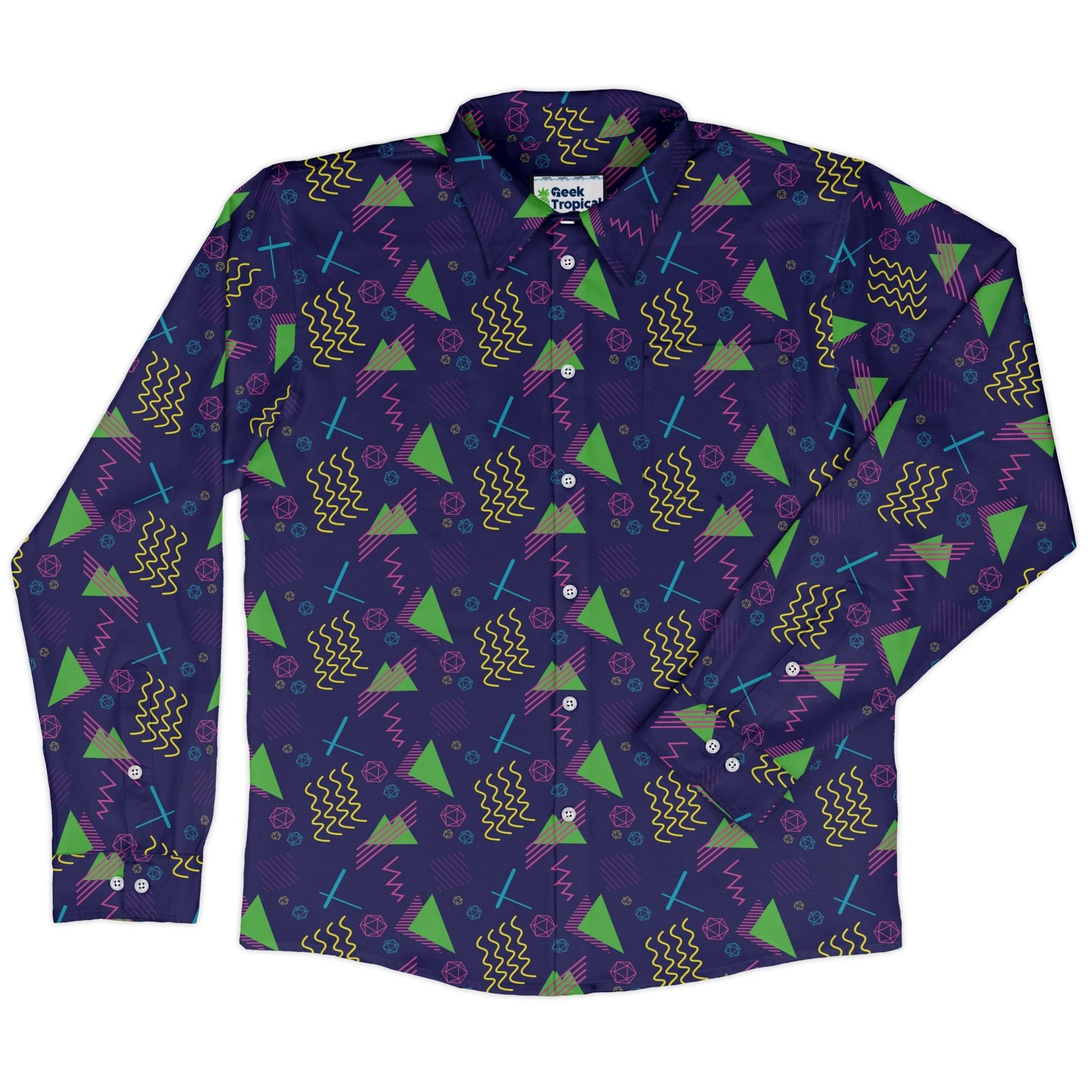 Neon Retro Dice Long Sleeve Button Up Shirt Geek Nerd adult sizing Design by Heather Davenport dnd & rpg print