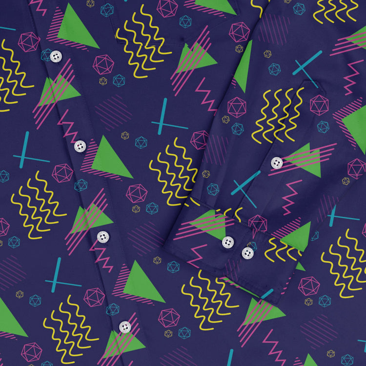 Neon Retro Dice Long Sleeve Button Up Shirt Geek Nerd adult sizing Design by Heather Davenport dnd & rpg print