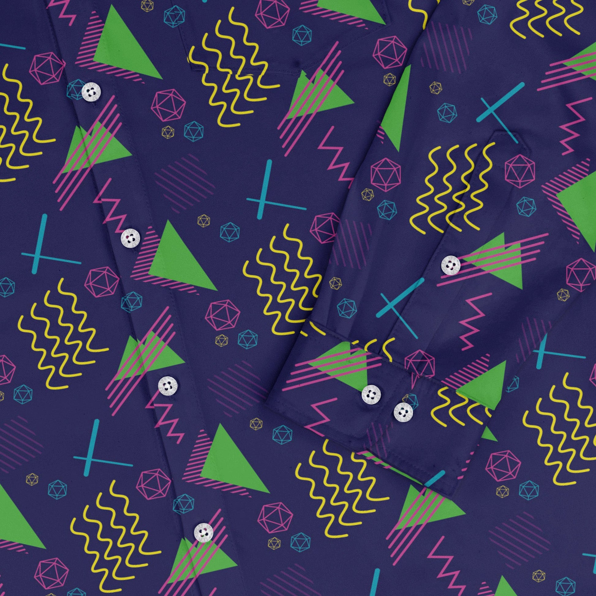 Neon Retro Dice Long Sleeve Button Up Shirt Geek Nerd adult sizing Design by Heather Davenport dnd & rpg print