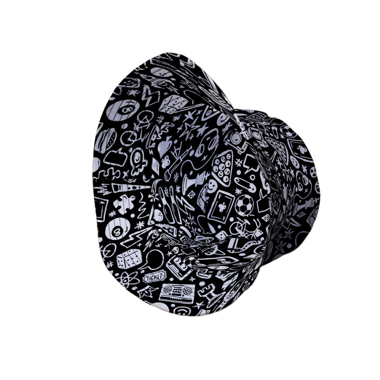 Nerdy Doodles Black Bucket Hat Geek Nerd board game print Design by Zirkus Design dnd & rpg print