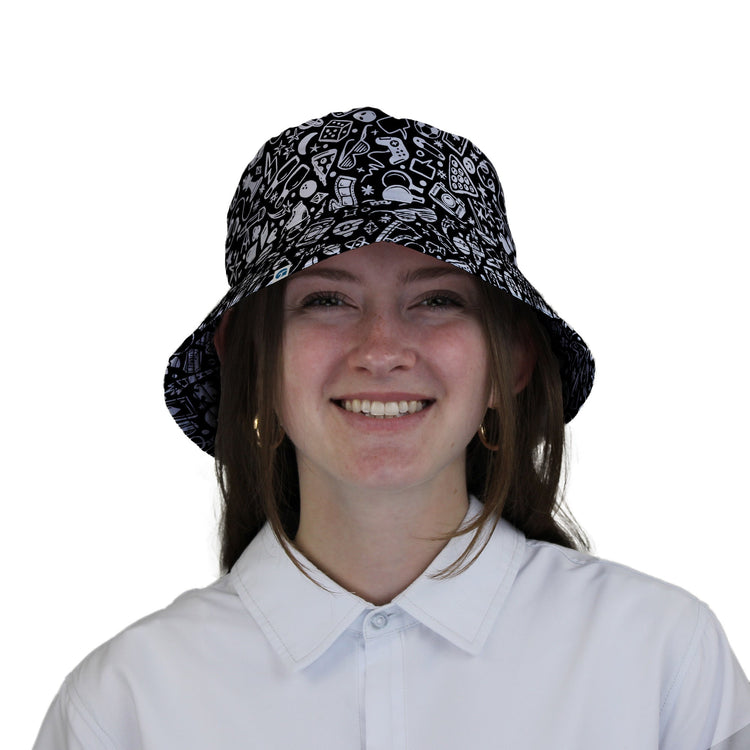 Nerdy Doodles Black Bucket Hat Geek Nerd board game print Design by Zirkus Design dnd & rpg print