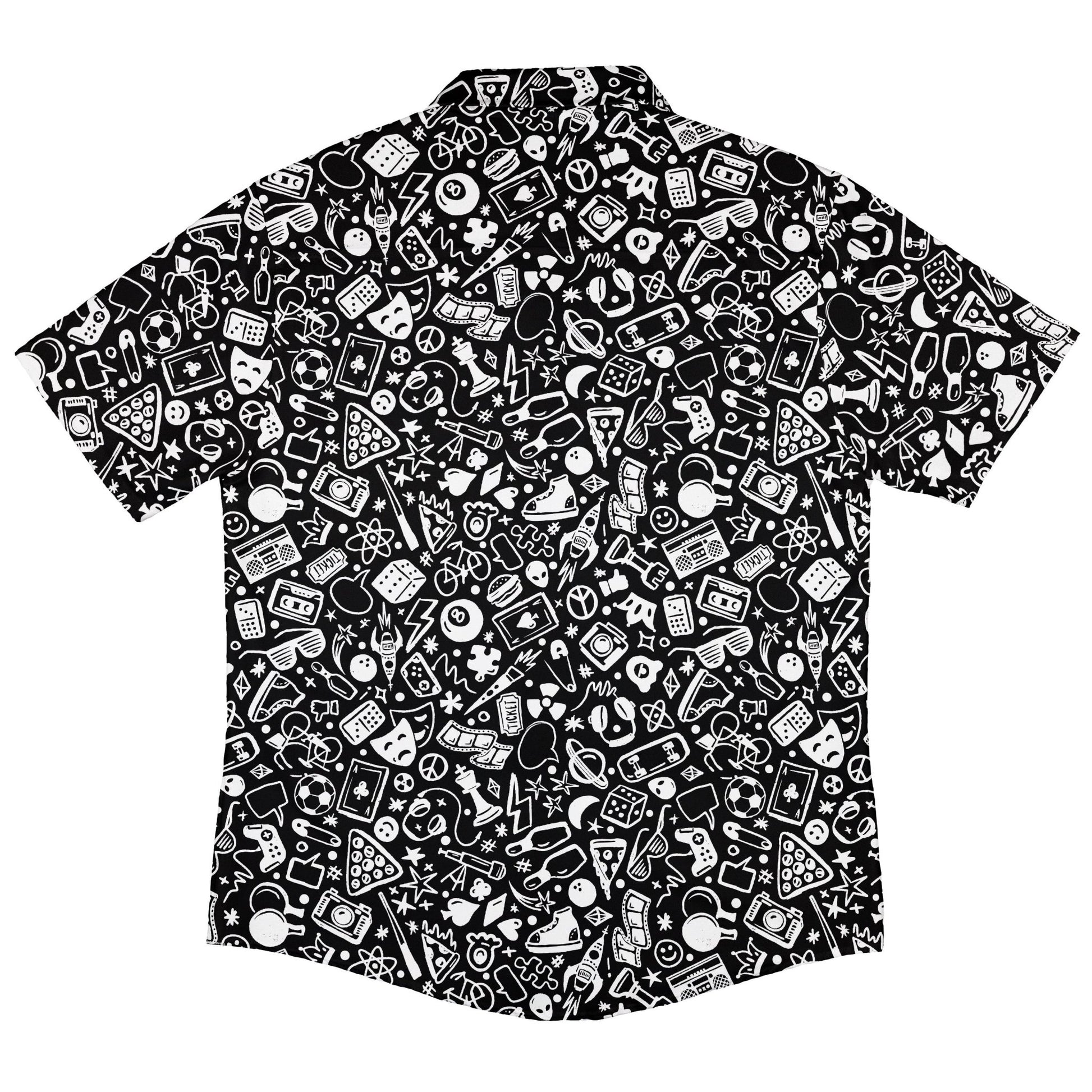 Nerdy Doodles Black Button Up Shirt Geek Nerd adult sizing board game print Design by Zirkus Design