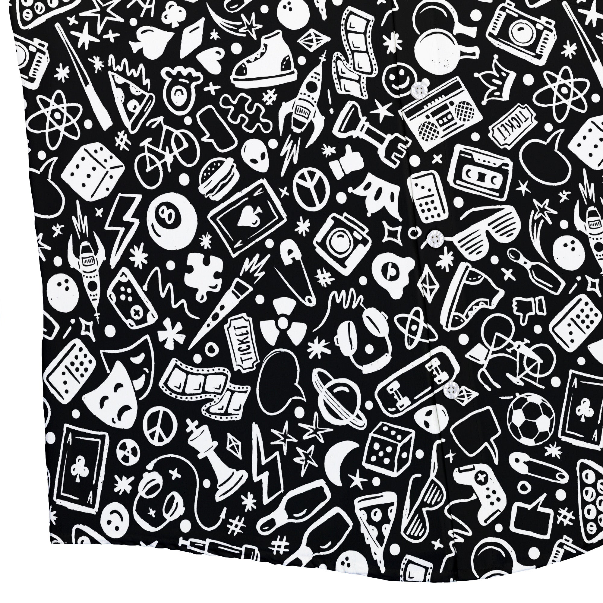 Nerdy Doodles Black Button Up Shirt Geek Nerd adult sizing board game print Design by Zirkus Design