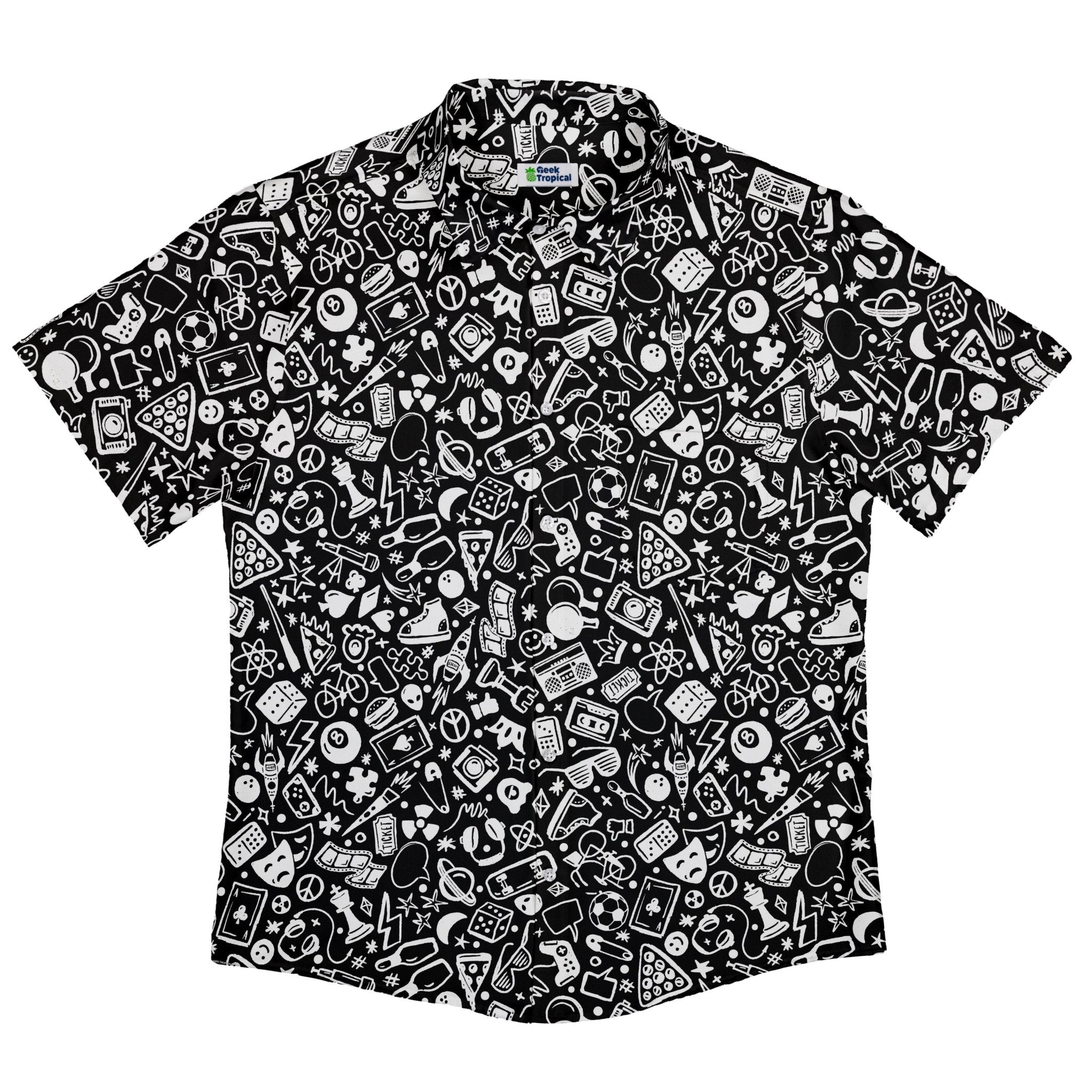 Nerdy Doodles Black Button Up Shirt Geek Nerd adult sizing board game print Design by Zirkus Design