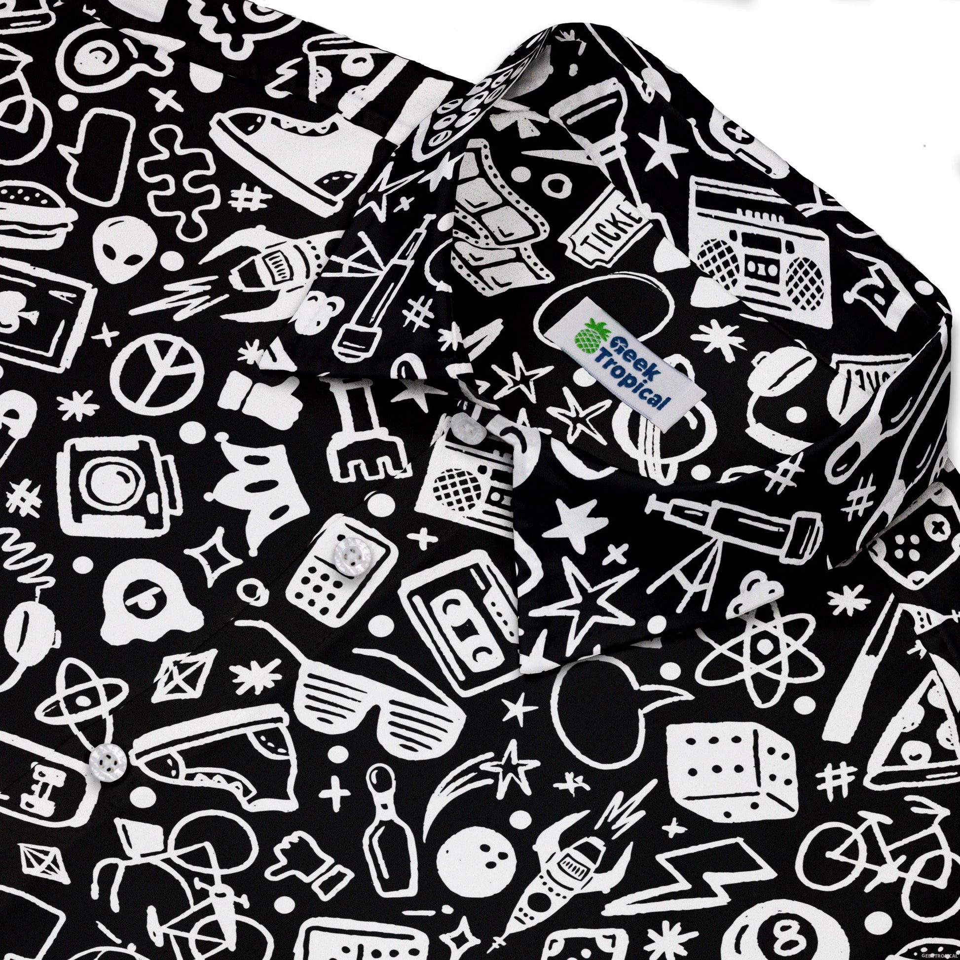 Nerdy Doodles Black Button Up Shirt Geek Nerd adult sizing board game print Design by Zirkus Design