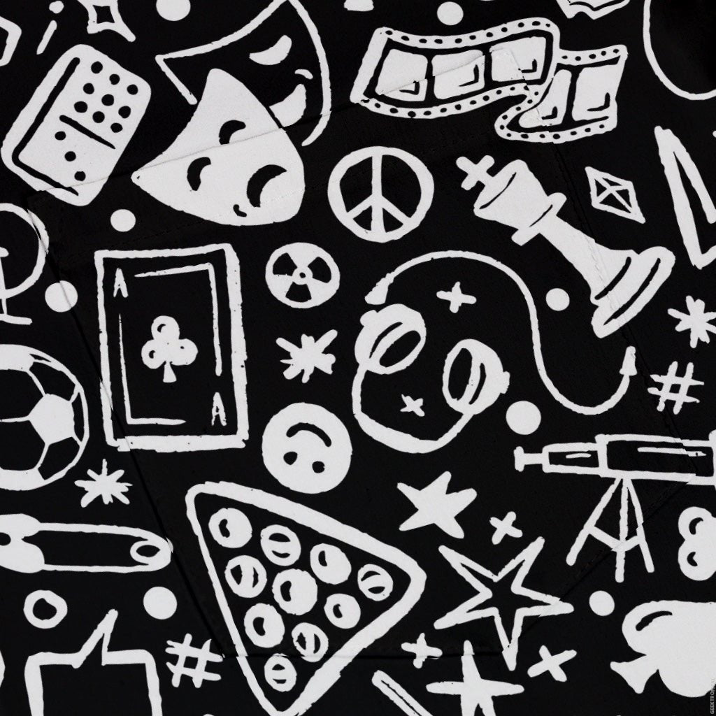 Nerdy Doodles Black Button Up Shirt Geek Nerd adult sizing board game print Design by Zirkus Design