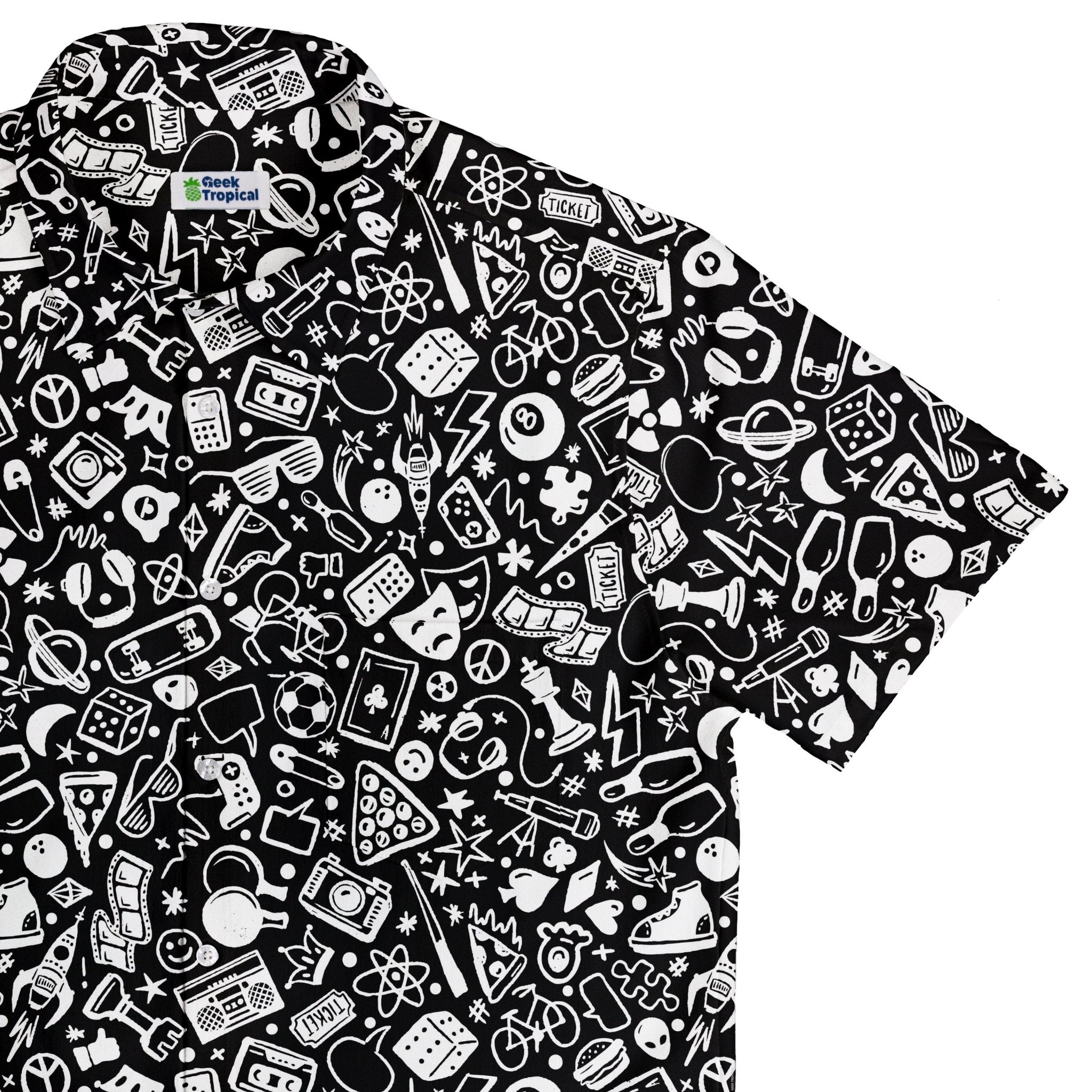 Nerdy Doodles Black Button Up Shirt Geek Nerd adult sizing board game print Design by Zirkus Design