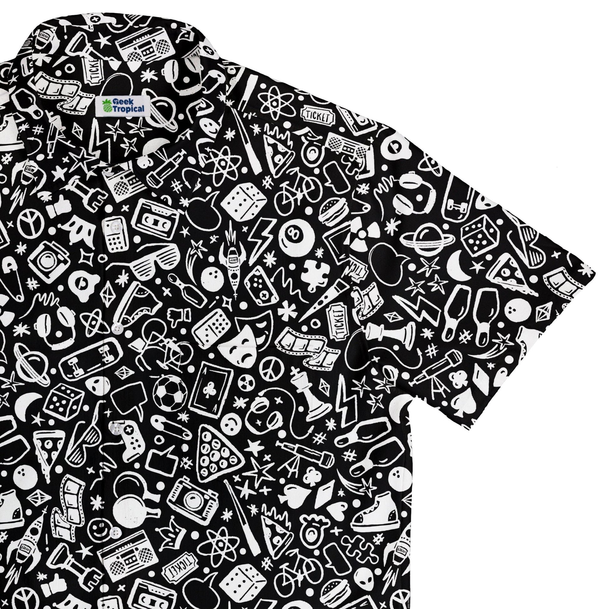 Nerdy Doodles Black Button Up Shirt Geek Nerd adult sizing board game print Design by Zirkus Design