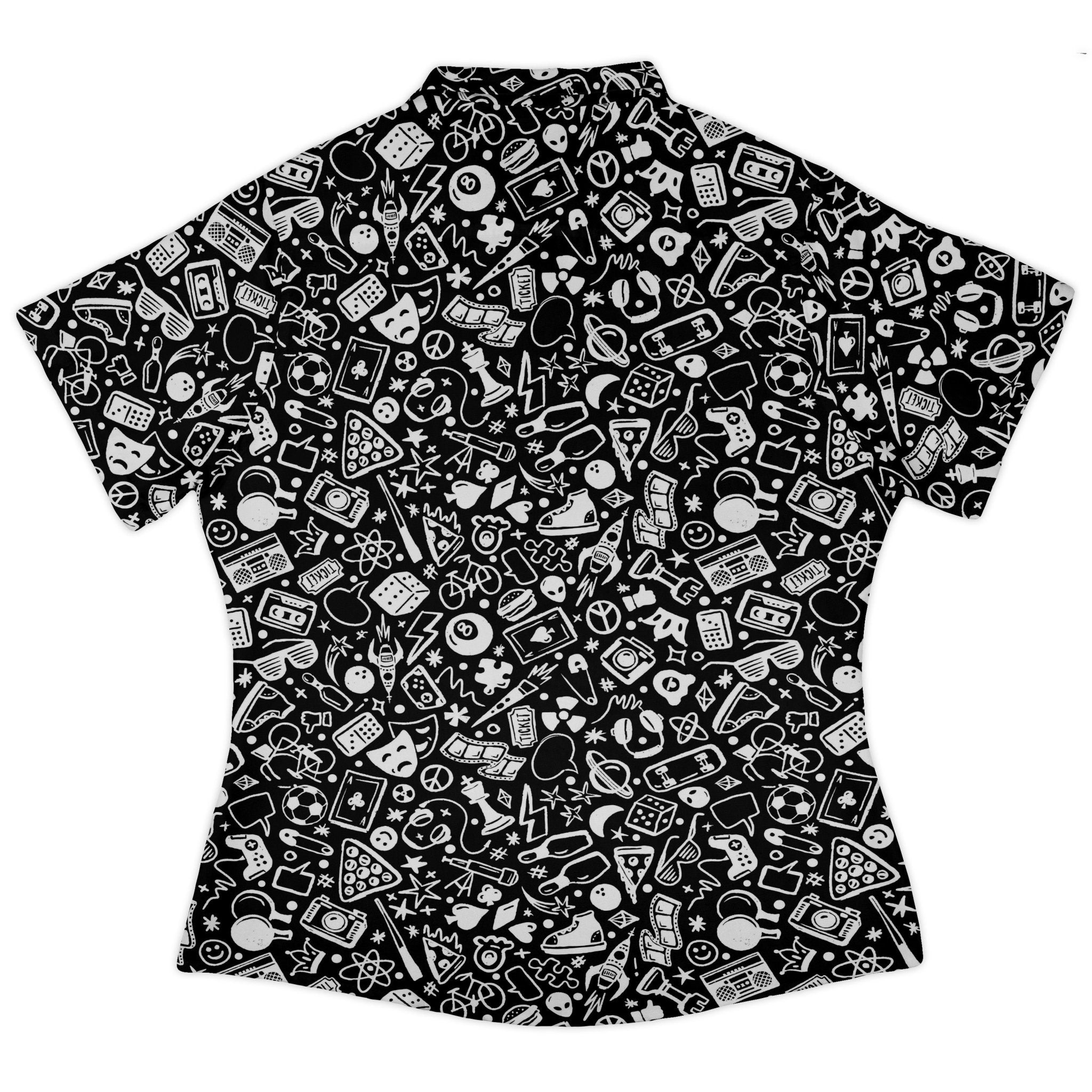 Nerdy Doodles Black Curvy Button Up Shirt Geek Nerd board game print Design by Zirkus Design dnd & rpg print