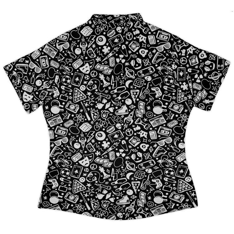 Nerdy Doodles Black Curvy Button Up Shirt Geek Nerd board game print Design by Zirkus Design dnd & rpg print
