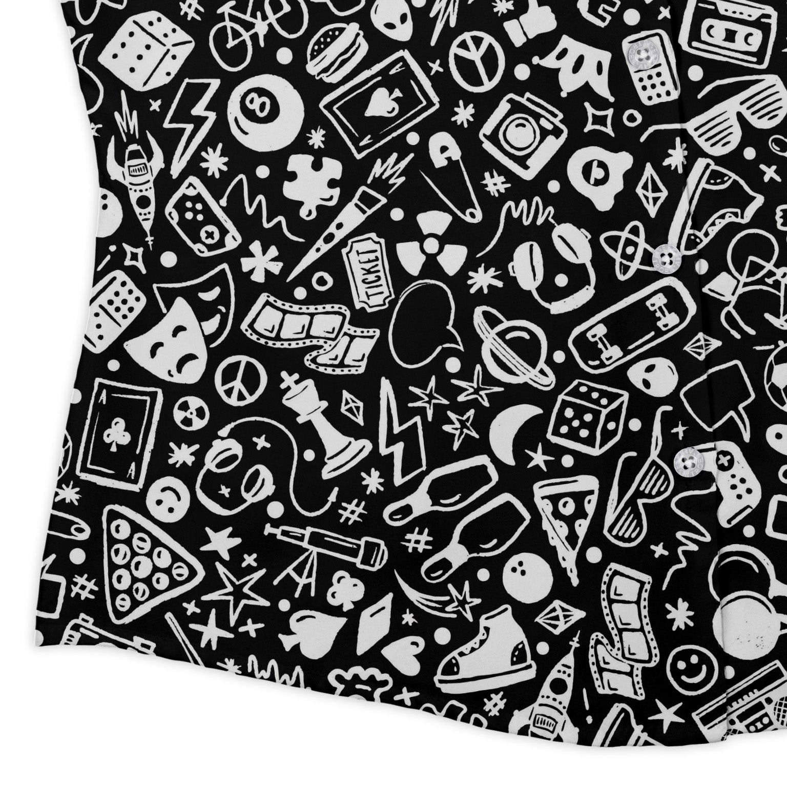 Nerdy Doodles Black Curvy Button Up Shirt Geek Nerd board game print Design by Zirkus Design dnd & rpg print