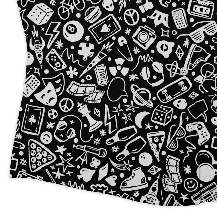 Nerdy Doodles Black Curvy Button Up Shirt Geek Nerd board game print Design by Zirkus Design dnd & rpg print