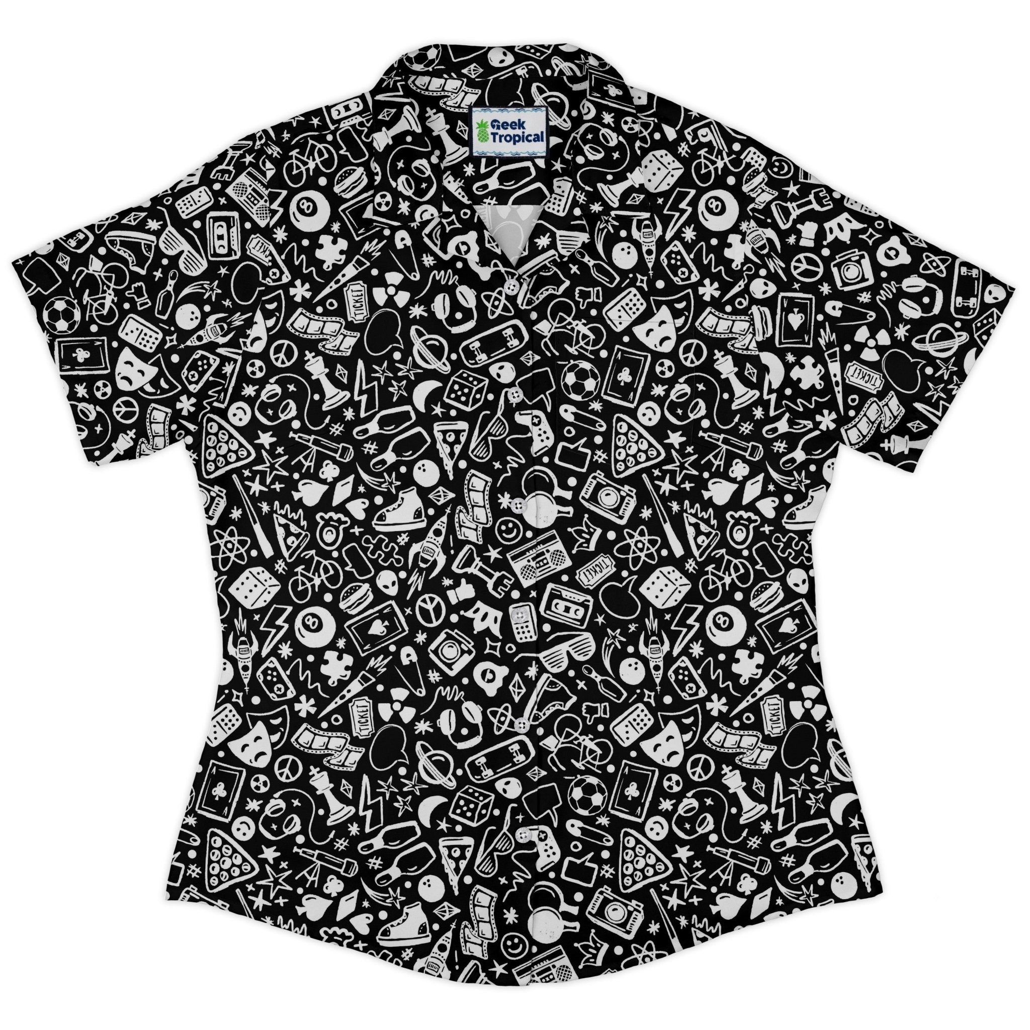 Nerdy Doodles Black Curvy Button Up Shirt Geek Nerd board game print Design by Zirkus Design dnd & rpg print