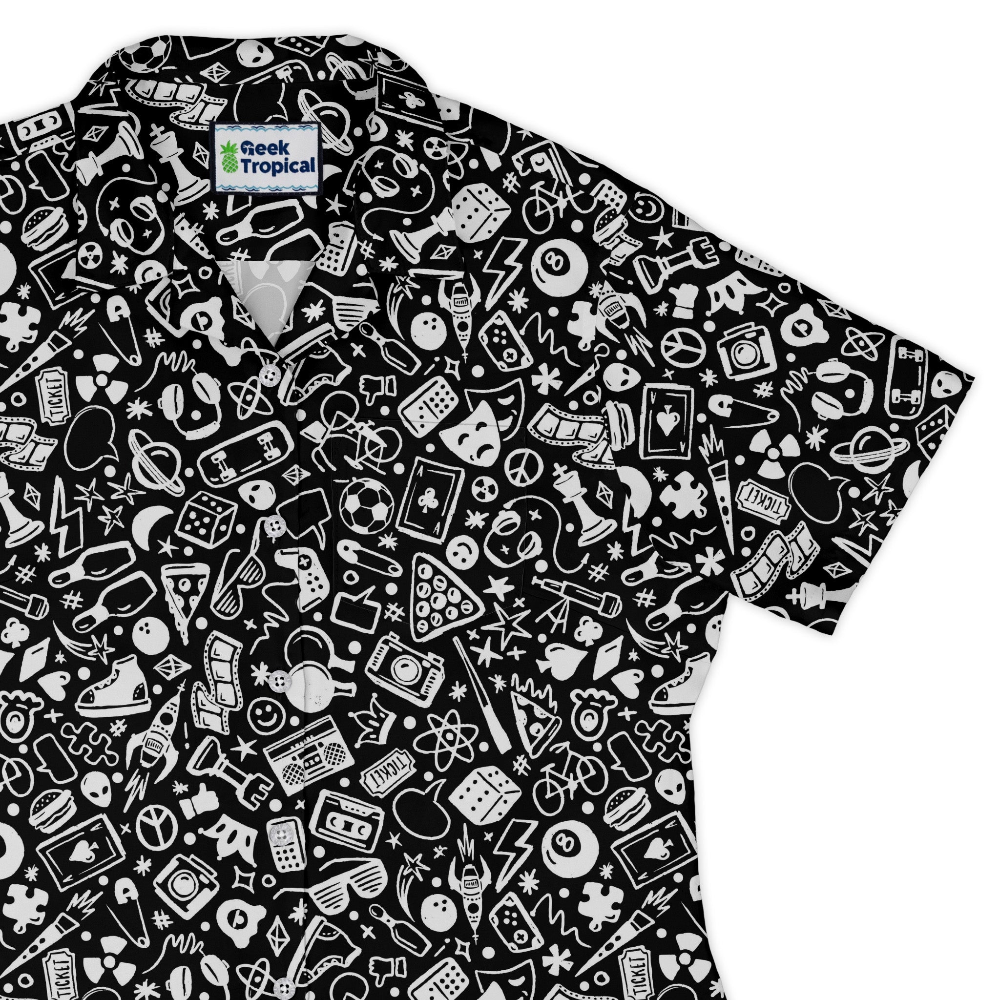 Nerdy Doodles Black Curvy Button Up Shirt Geek Nerd board game print Design by Zirkus Design dnd & rpg print