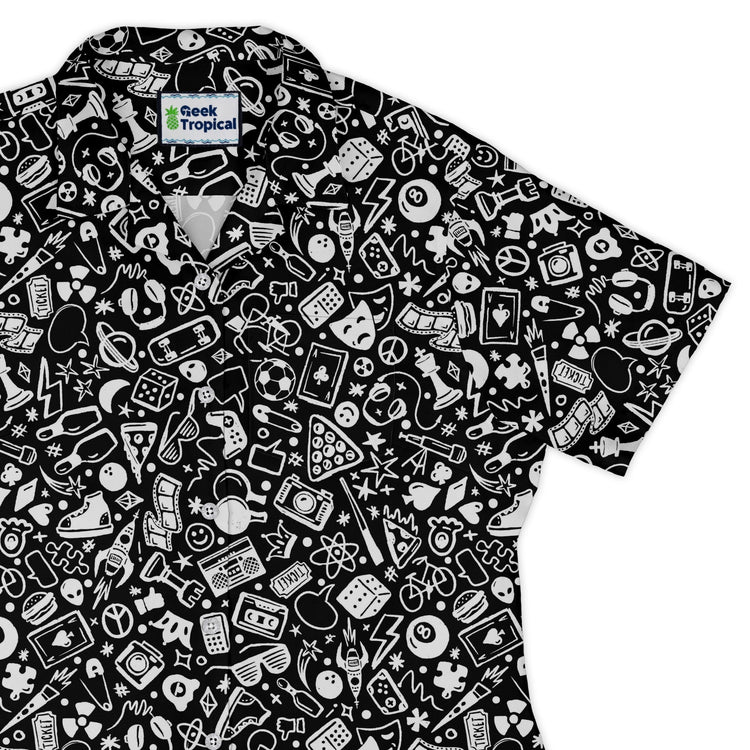 Nerdy Doodles Black Curvy Button Up Shirt Geek Nerd board game print Design by Zirkus Design dnd & rpg print