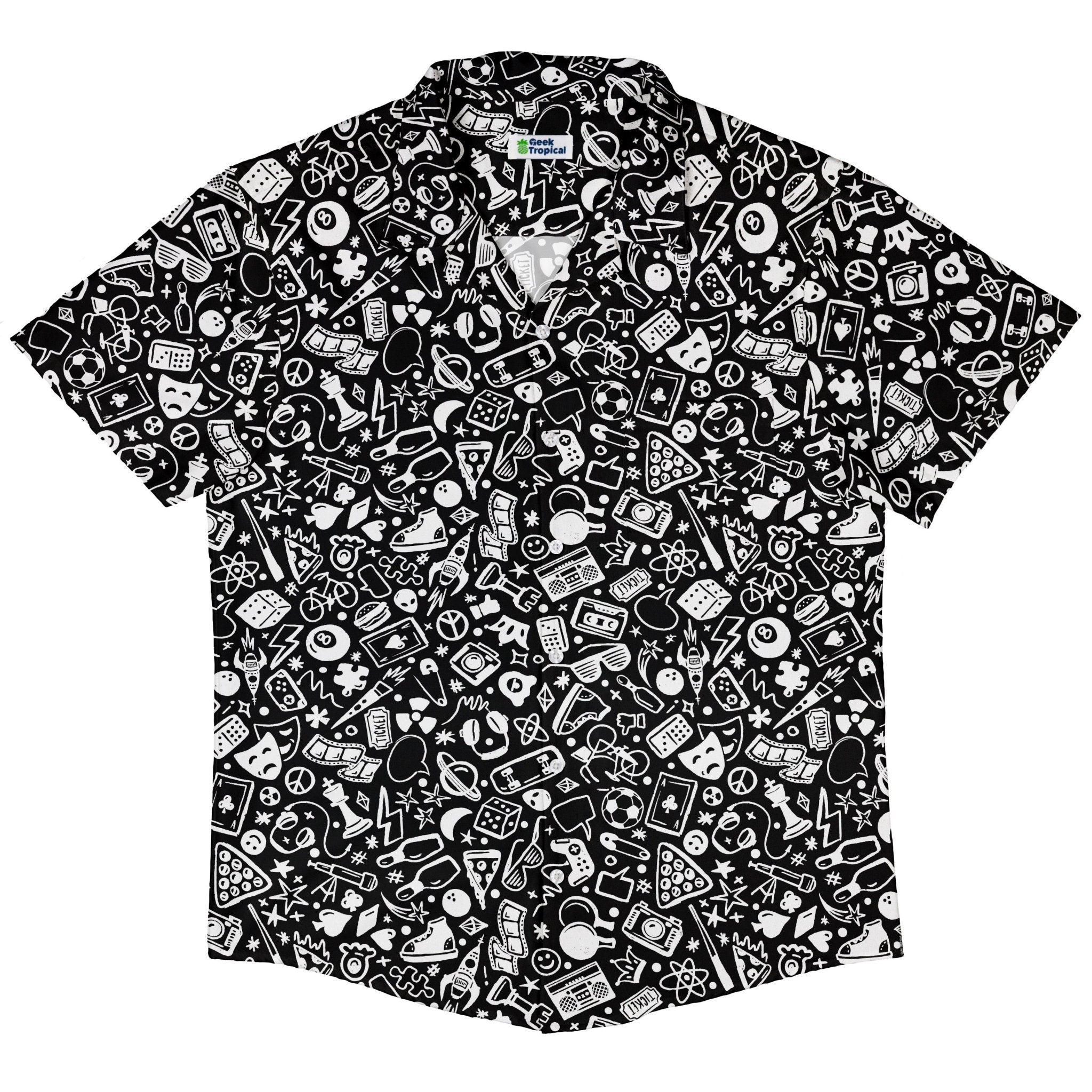 Nerdy Doodles Black Button Up Shirt Geek Nerd adult sizing board game print Design by Zirkus Design